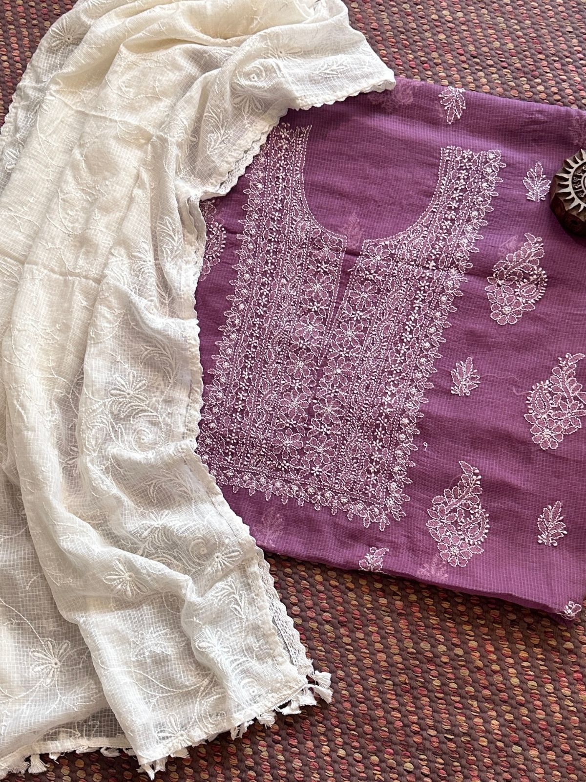 Chikankari Hand Embroidered Fabric with Kota Embroidered Dupatta