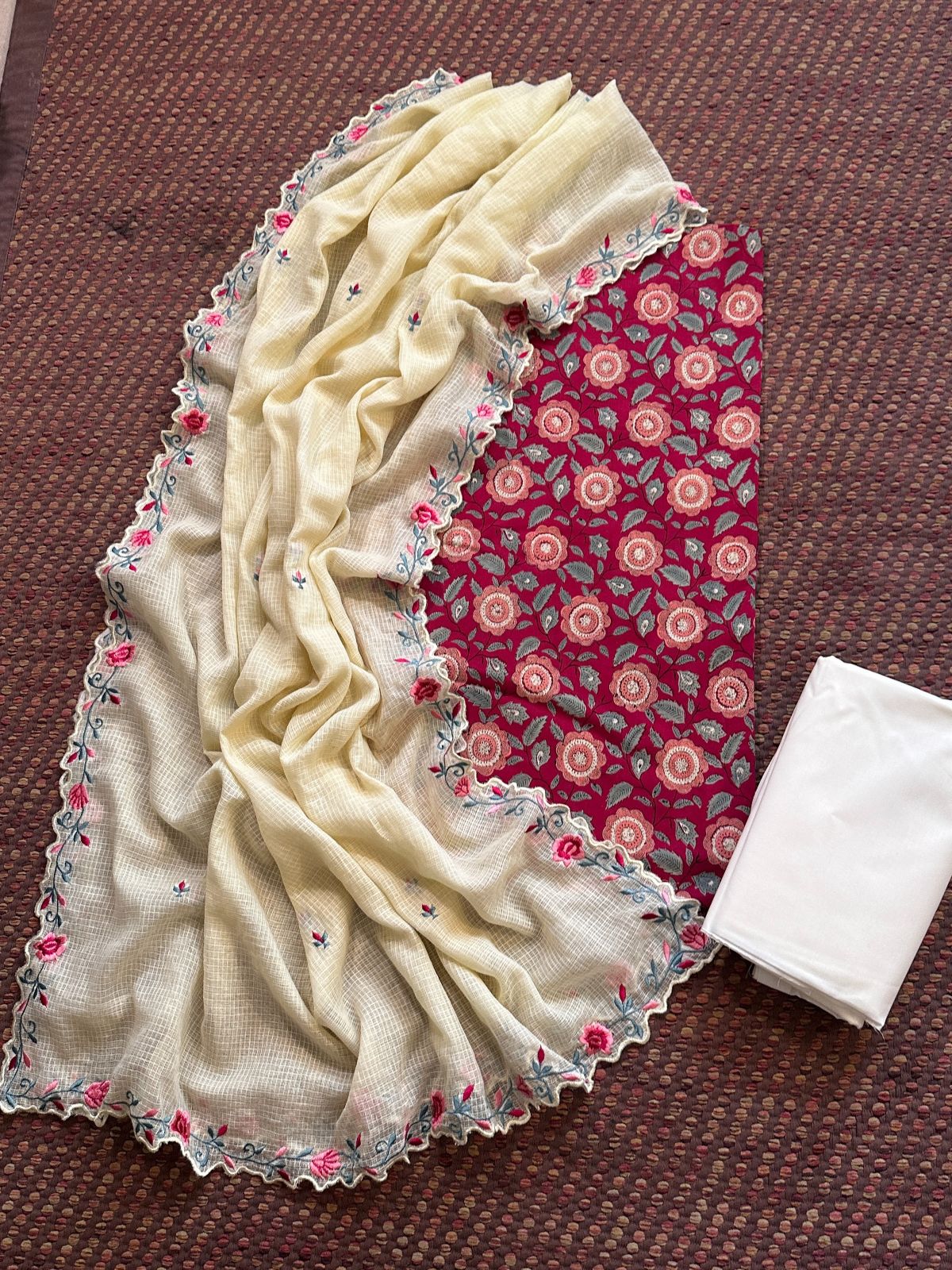 Pure Cotton Hand-block Fabric set with Embroidered Kota Doria Dupatta