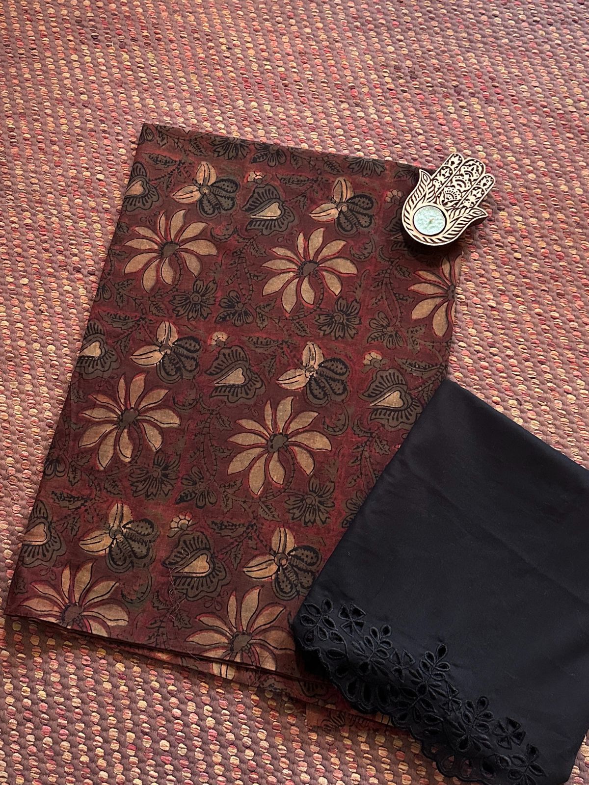 Pure Cotton Malmal Handblocked Fabric with Cutwork Bottom