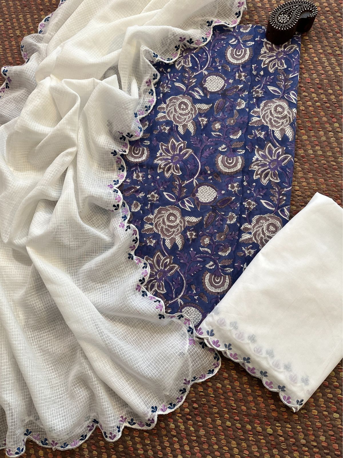 Pure Cotton Hand-block Fabric with Embroidered Bottom & Kota Doria Dupatta