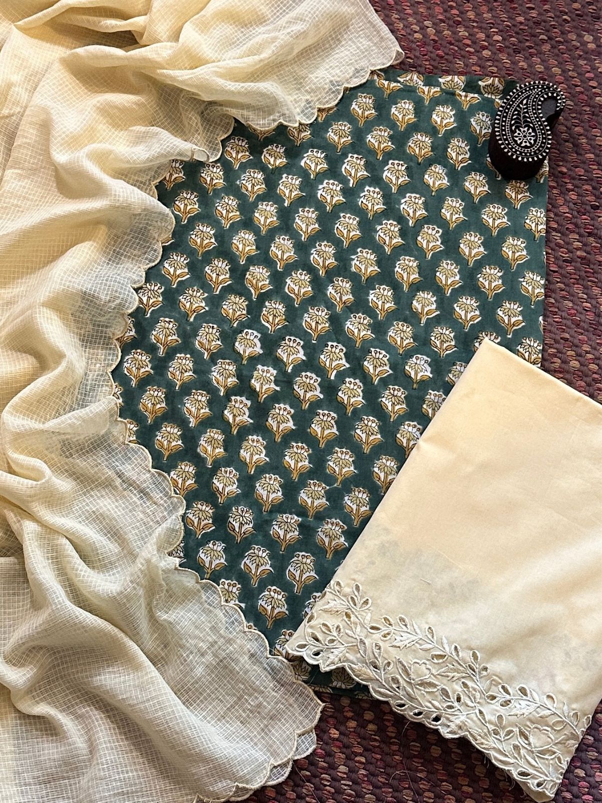 Pure Cotton Hand-blocked Fabric with Cutwork Bottom & Kota Doria Dupatta