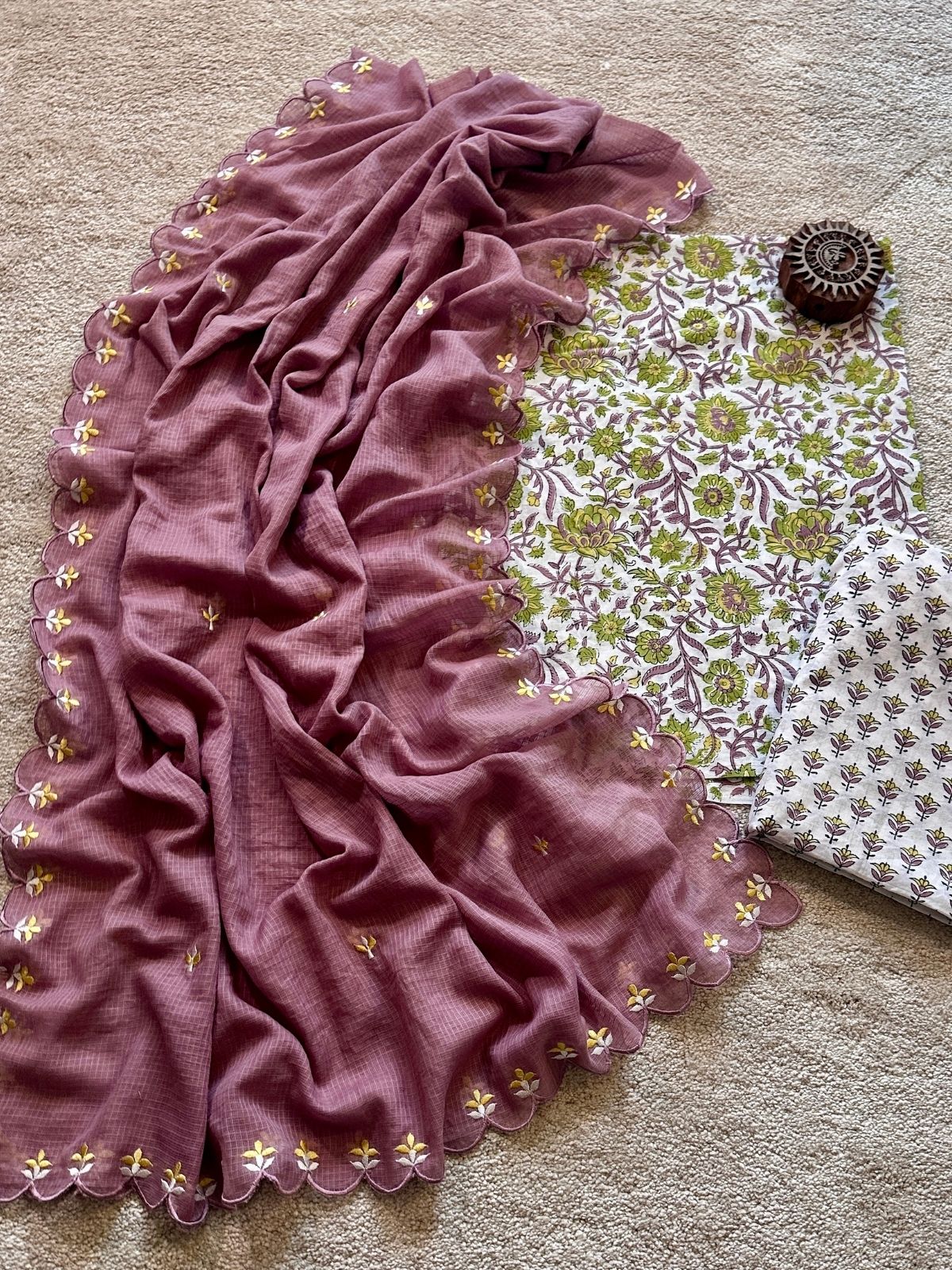 Mallow Bloom Set - Sanganeri Print with Embroidered Dupatta