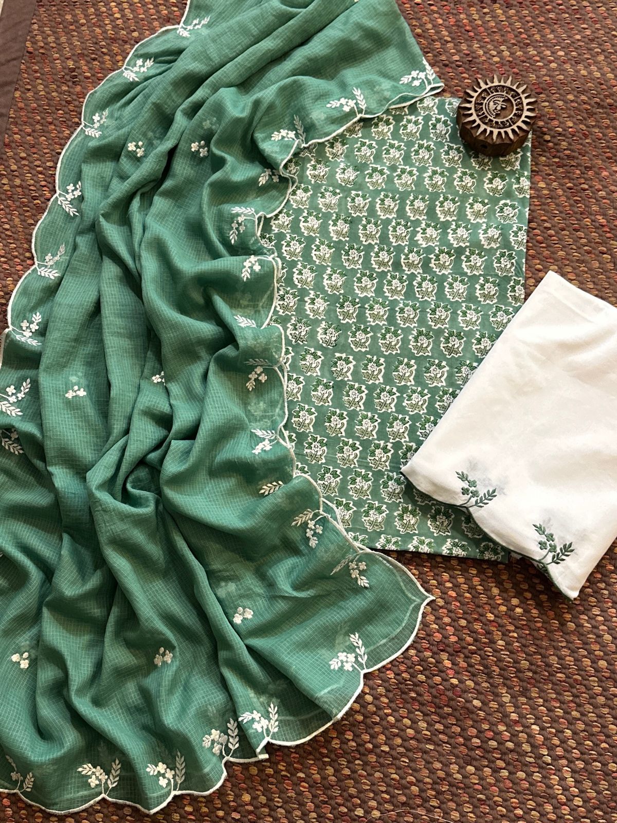 Pure Cotton Hand-block Fabric with Embroidered Bottom & Kota Doria Dupatta