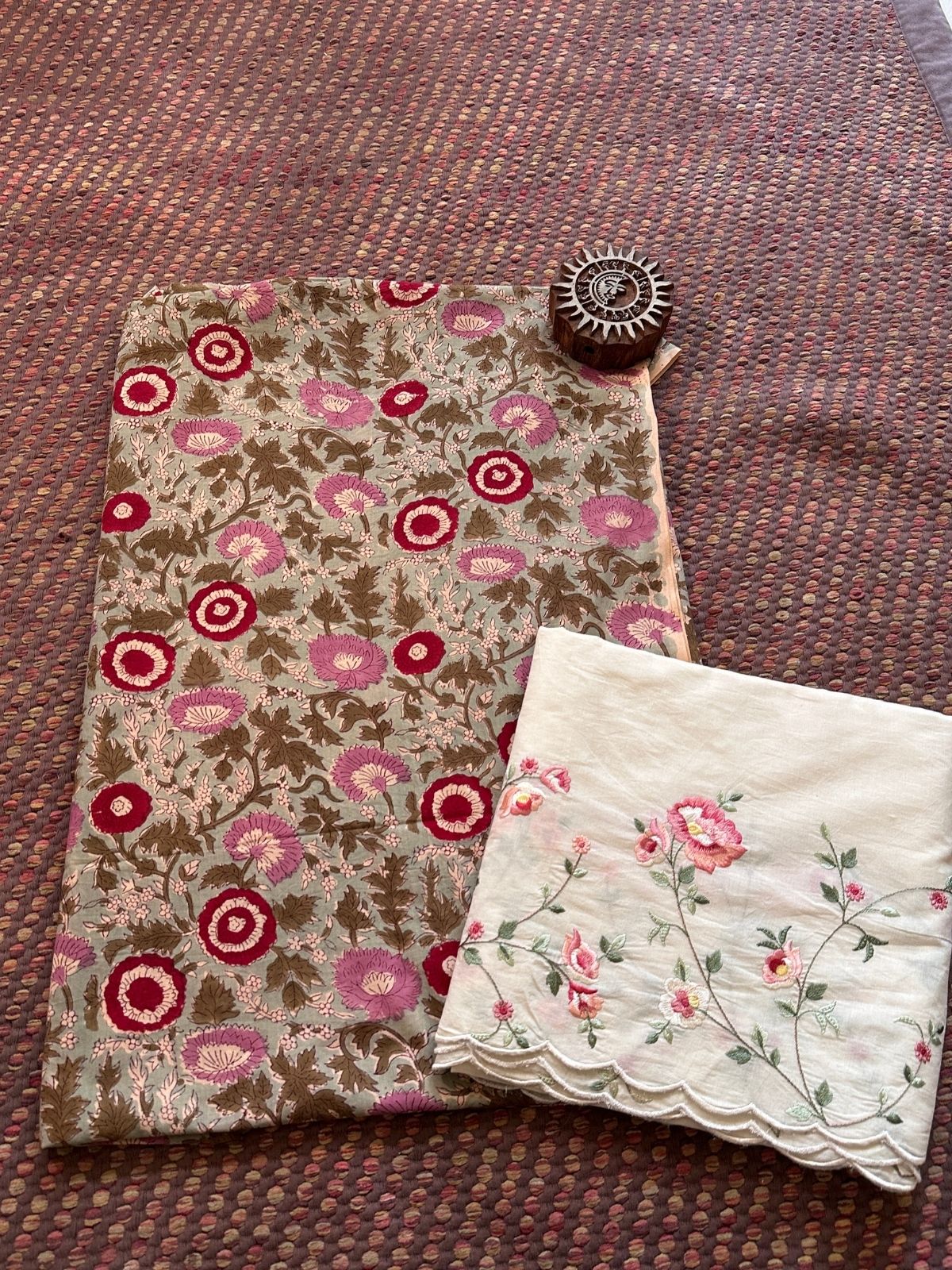Pure Cotton Hand-blocked Fabric with Embroidered Bottom