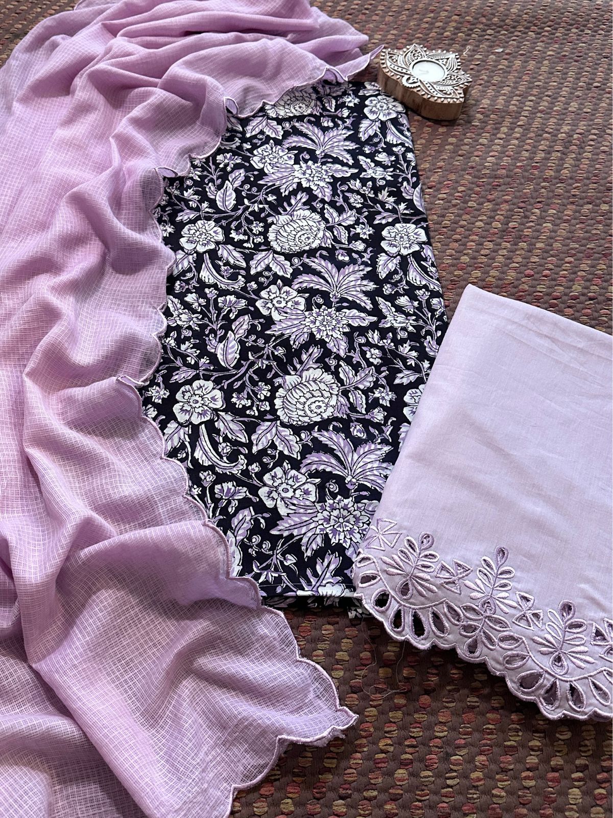 Pure Cotton Hand-blocked Fabric with Cutwork Bottom & Kota Doria Dupatta