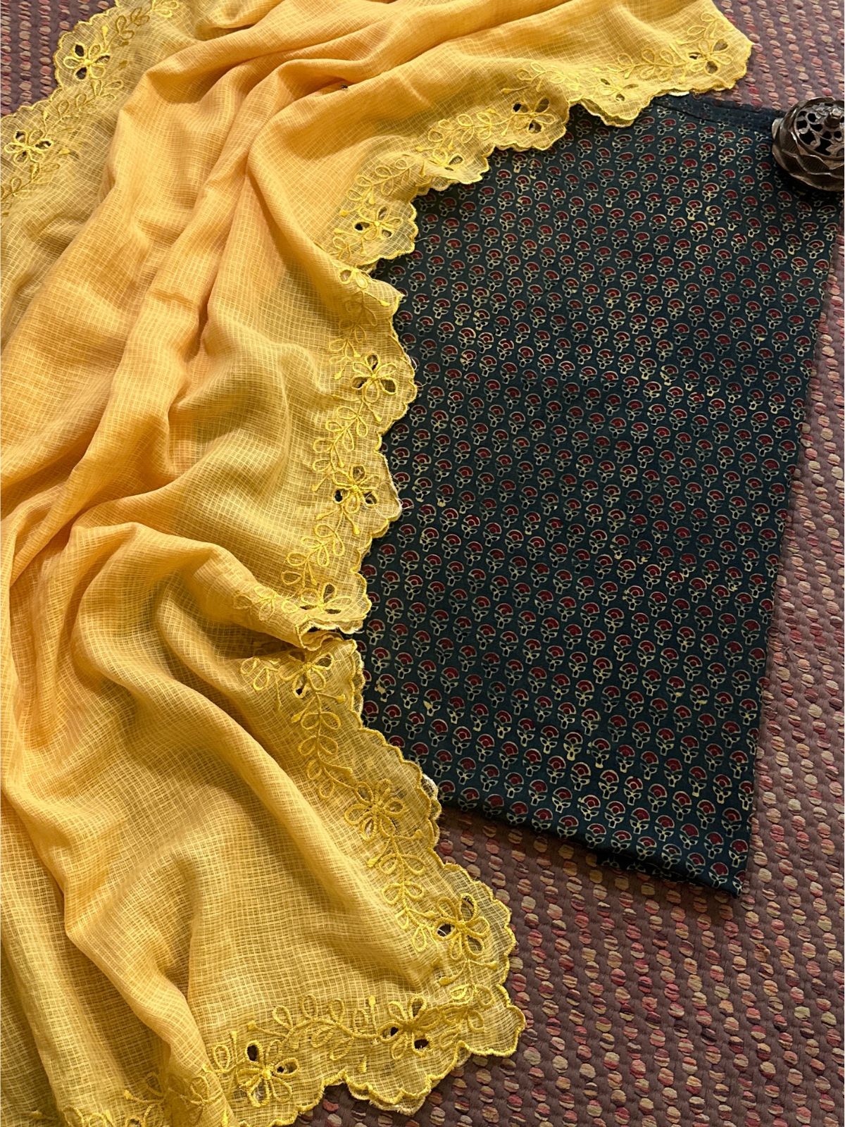 Pure Cotton Malmal Handblock Fabric in Ajrak with Cutwork Embroidered Dupatta