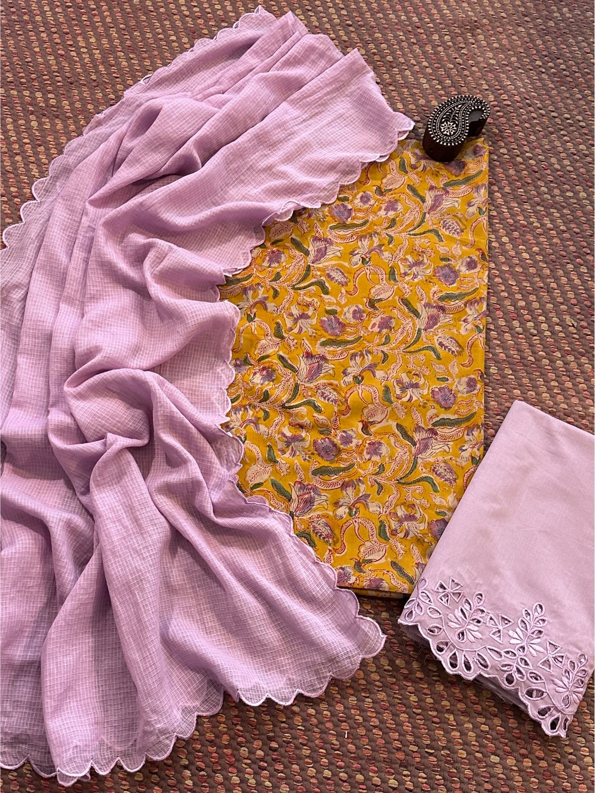 Pure Cotton Malmal Hand-blocked Fabric with Cutwork Bottom & Kota Doria Dupatta