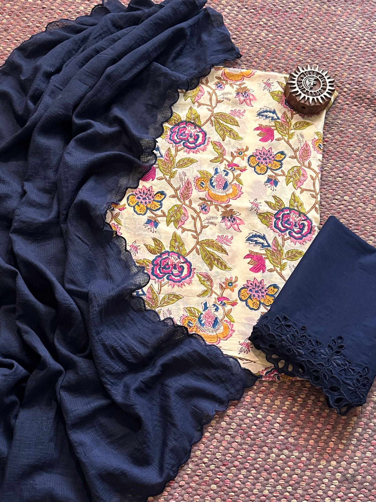 Pure Taj Cotton Hand-blocked Fabric with Cutwork Bottom & Kota Doria Dupatta
