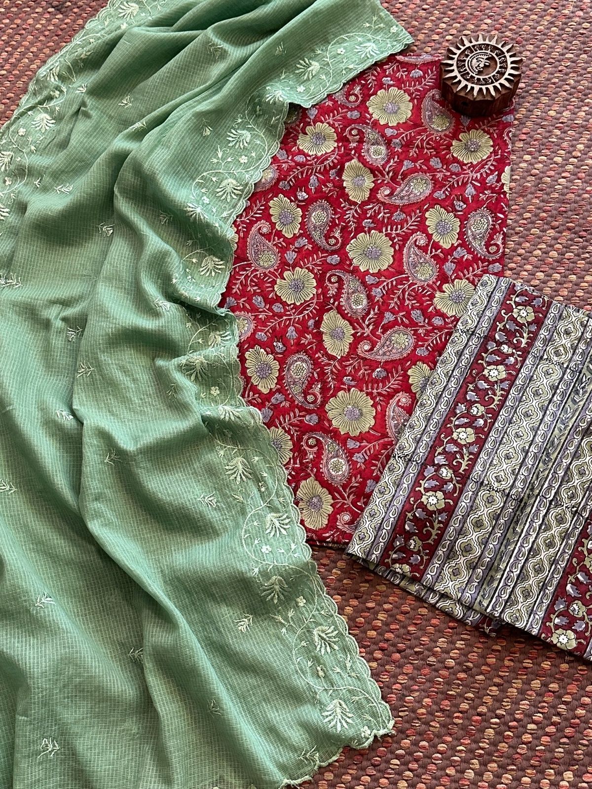Pure Cotton Hand Blocked Set with Embroidered Dupatta