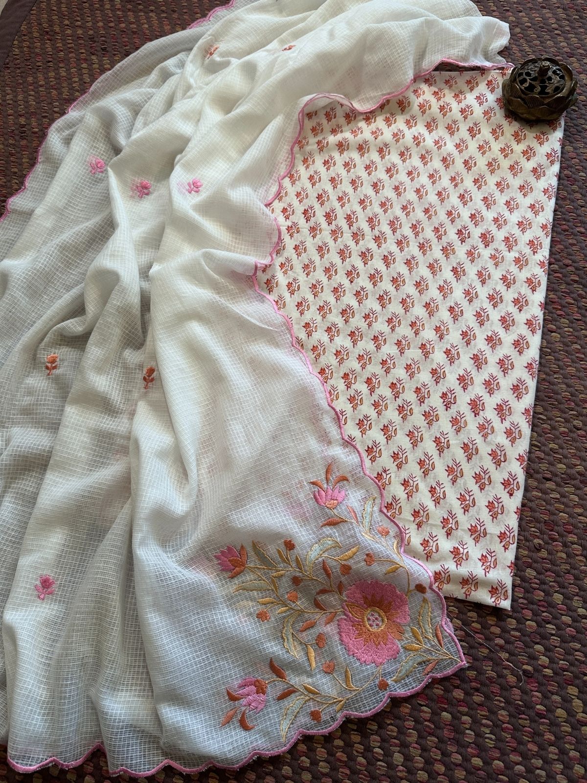 Pure Cotton Hand-blocked Fabric with Embroidered Dupatta