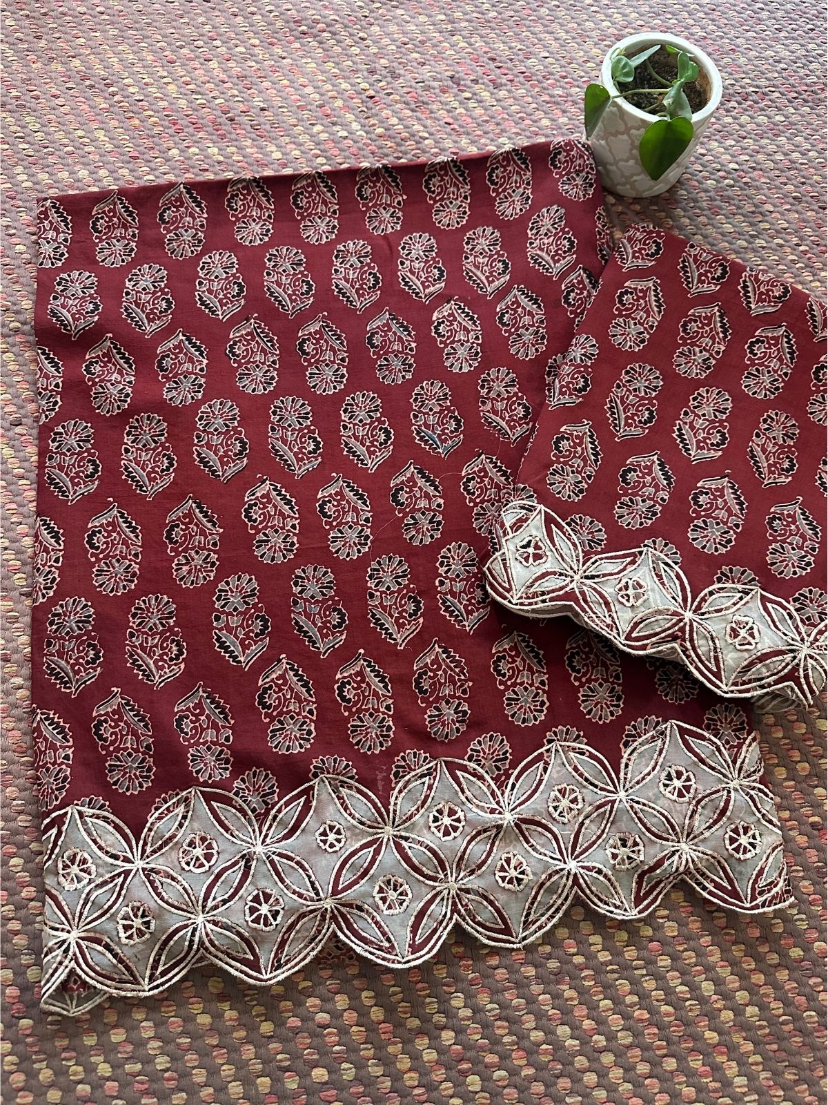 Exclusive Cutwork embroidered Ajrak Cotton Malmal Coord Set