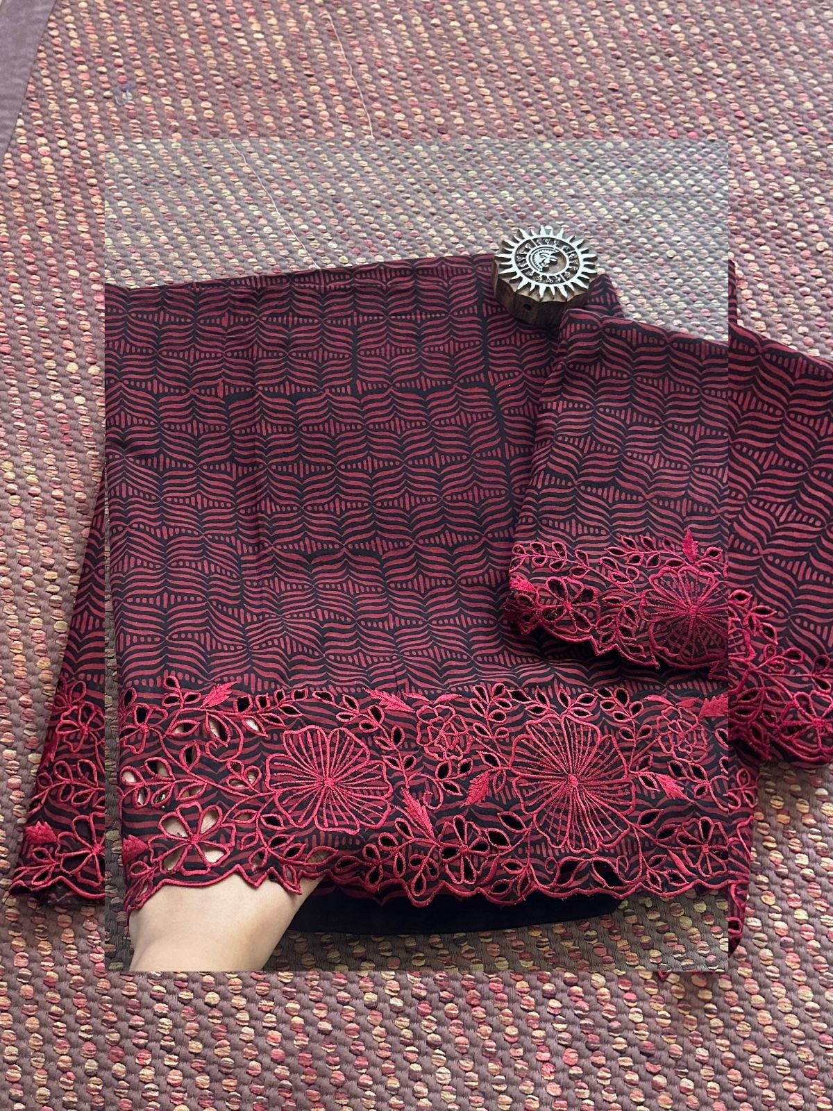 Exclusive Cutwork embroidered Ajrak Cotton Malmal Coord Set