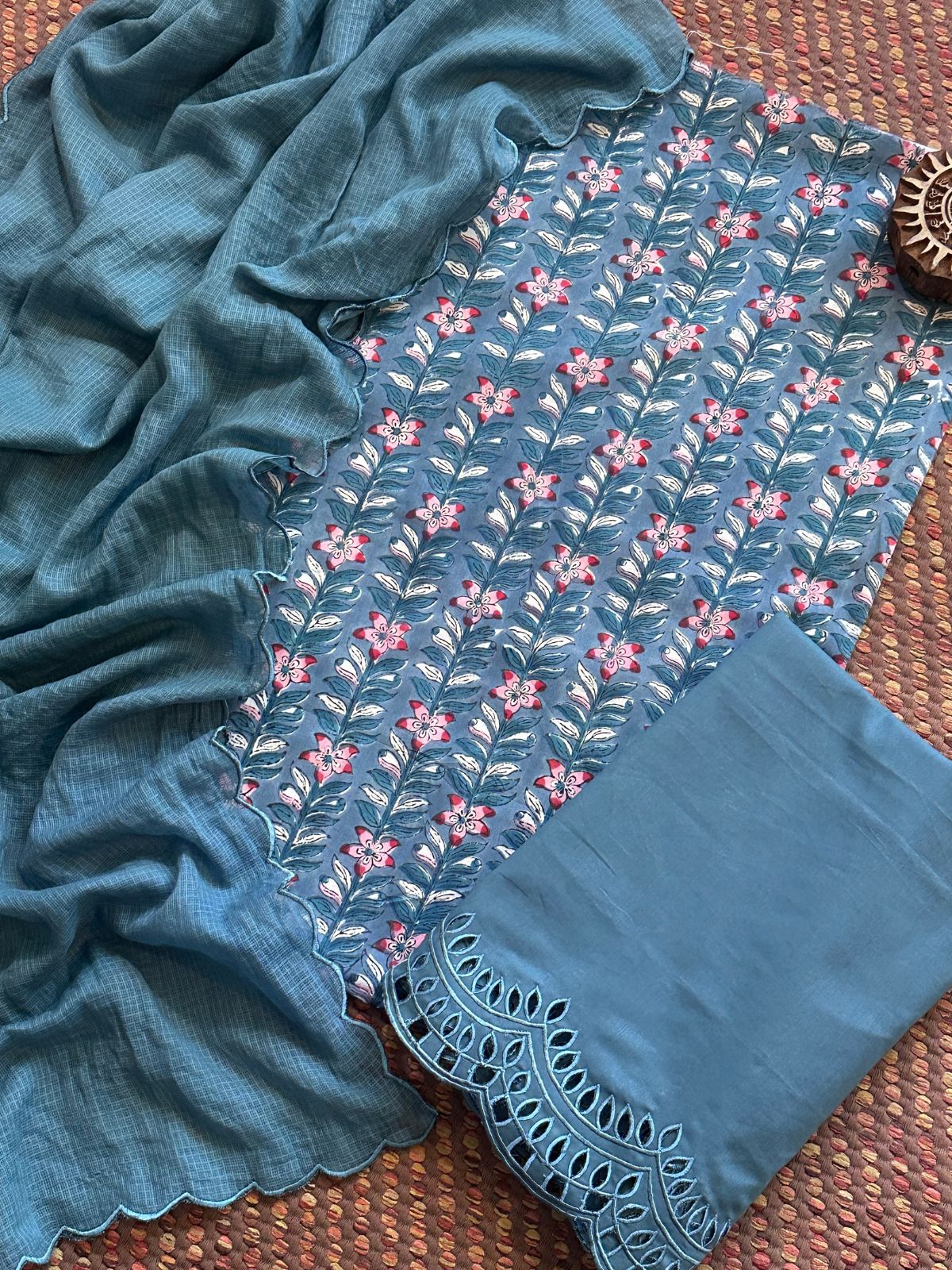 Pure Cotton Hand-blocked Fabric with Cutwork Bottom & Kota Doria Dupatta