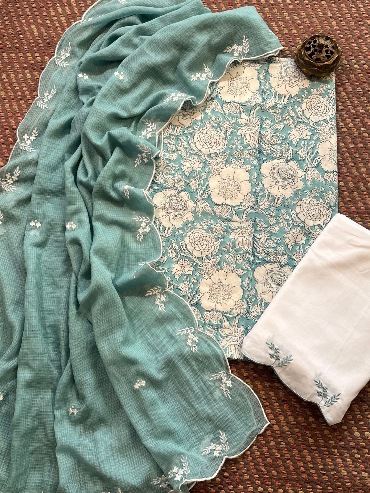 Pure Cotton Hand-block Fabric with Embroidered Bottom & Kota Doria Dupatta