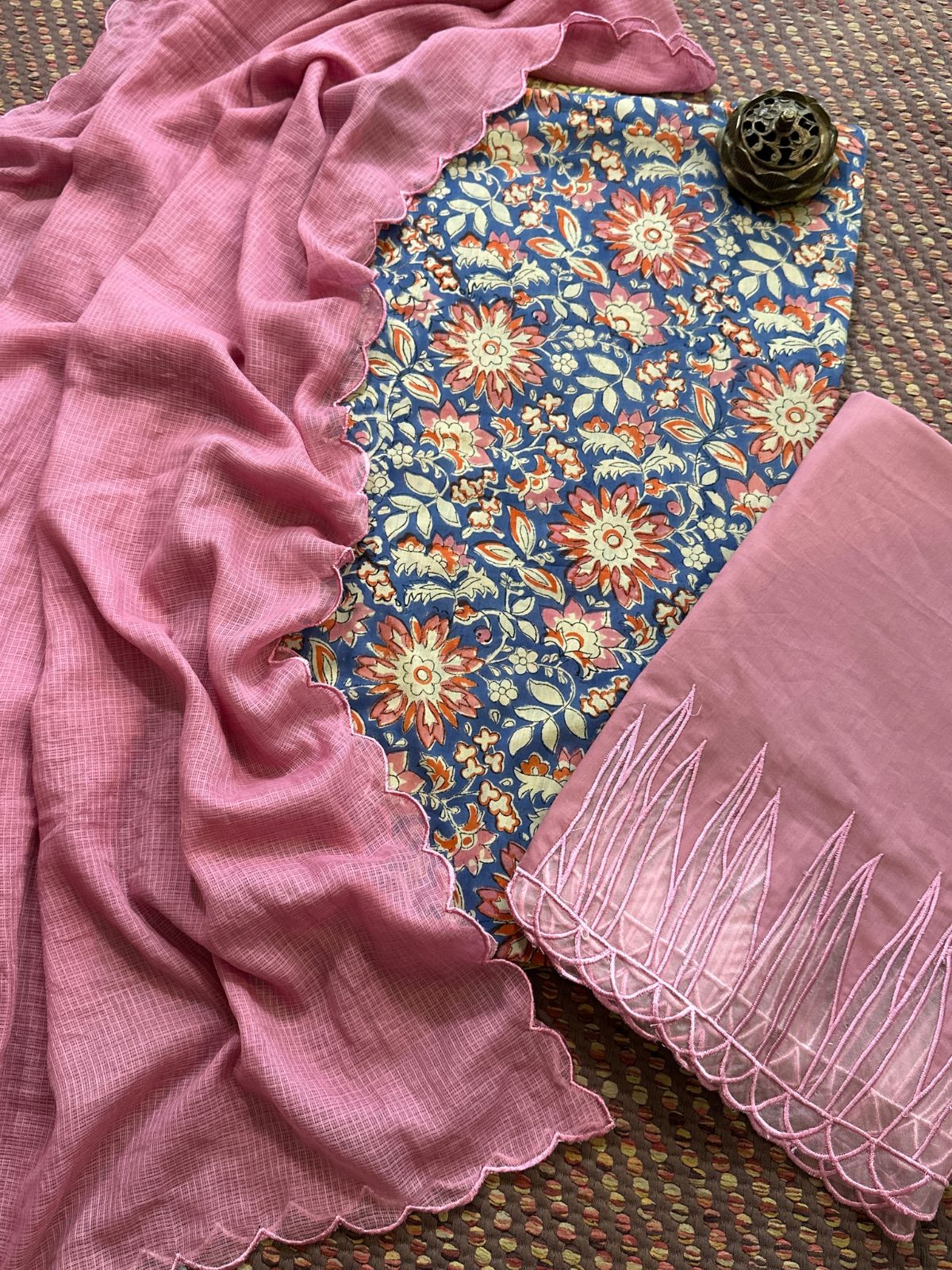 Pure Cotton Hand-blocked Fabric with Cutwork Bottom & Kota Doria Dupatta