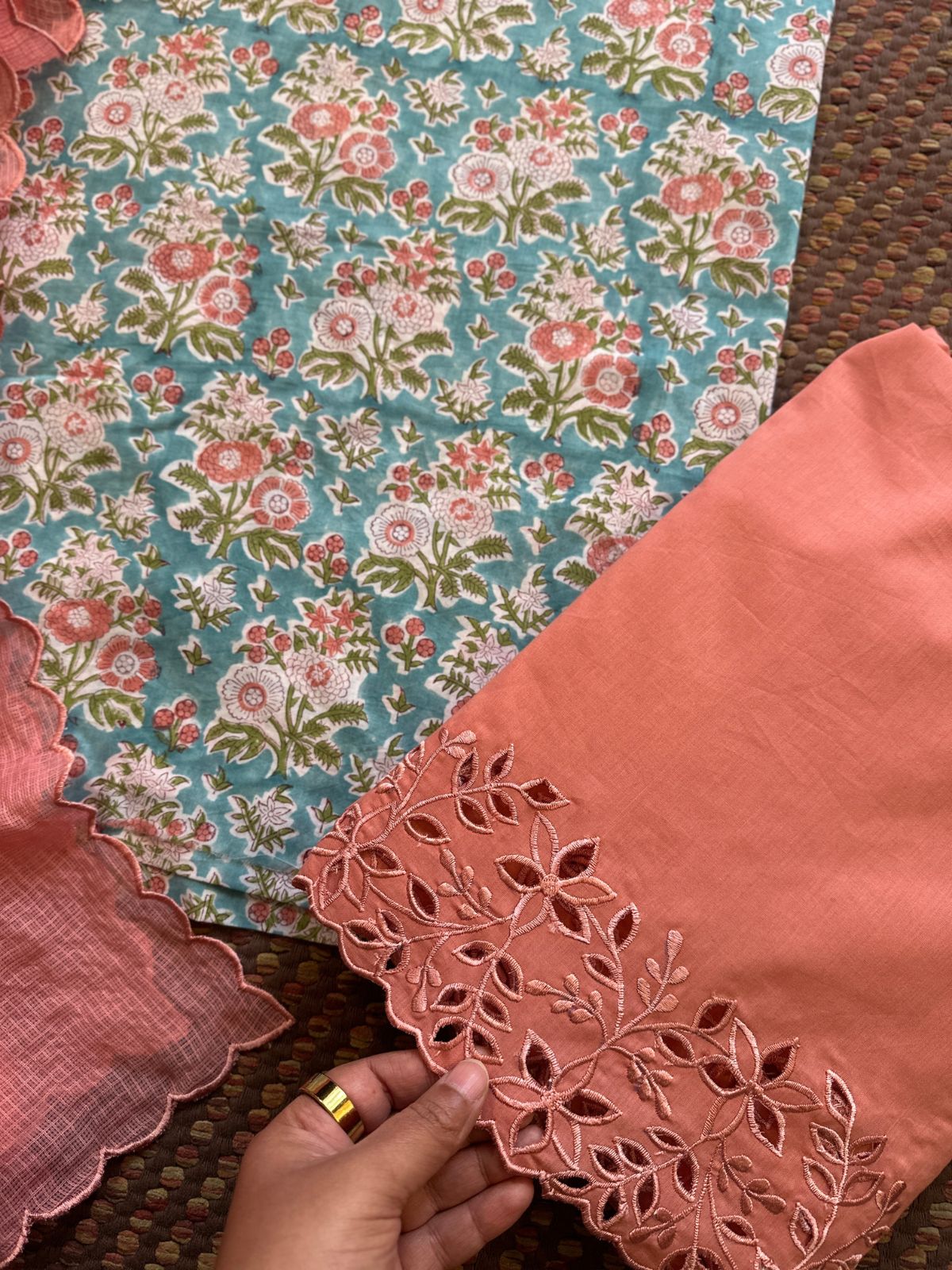 Pure Cotton Hand-blocked Fabric with Cutwork Bottom & Kota Doria Dupatta