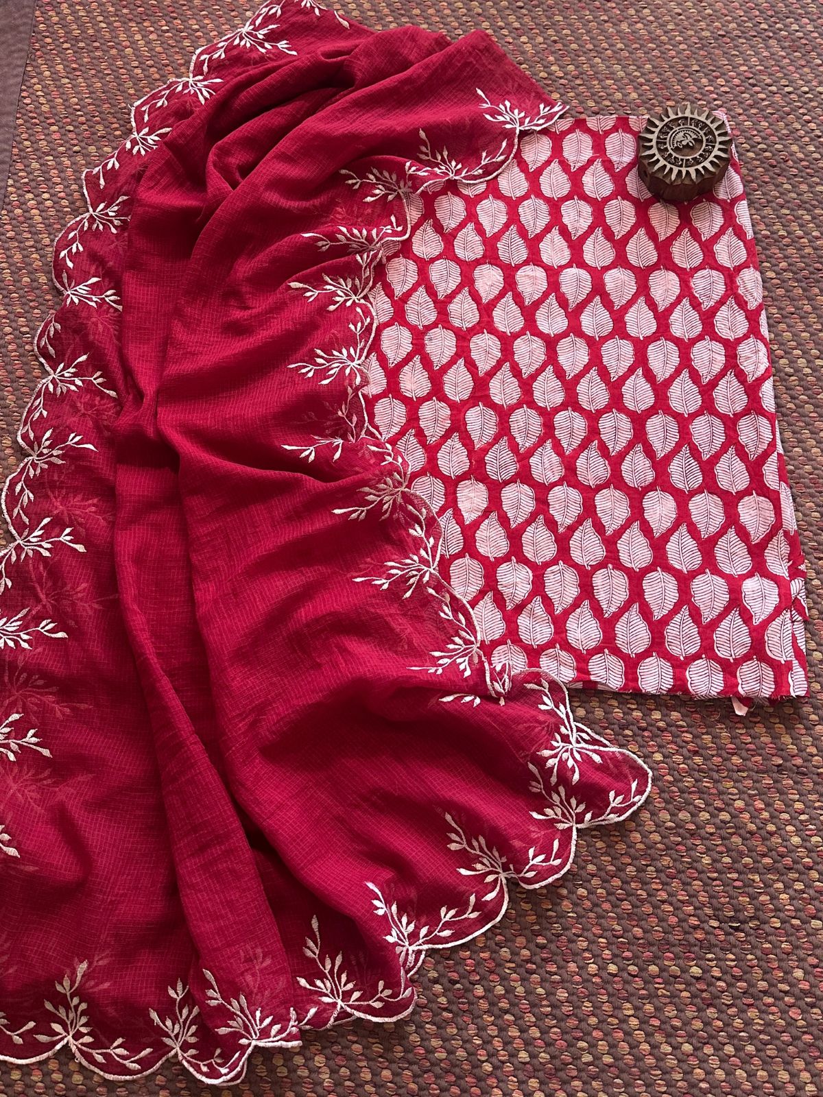 Pure Cotton Hand-blocked fabric set with Embroidered Dupatta