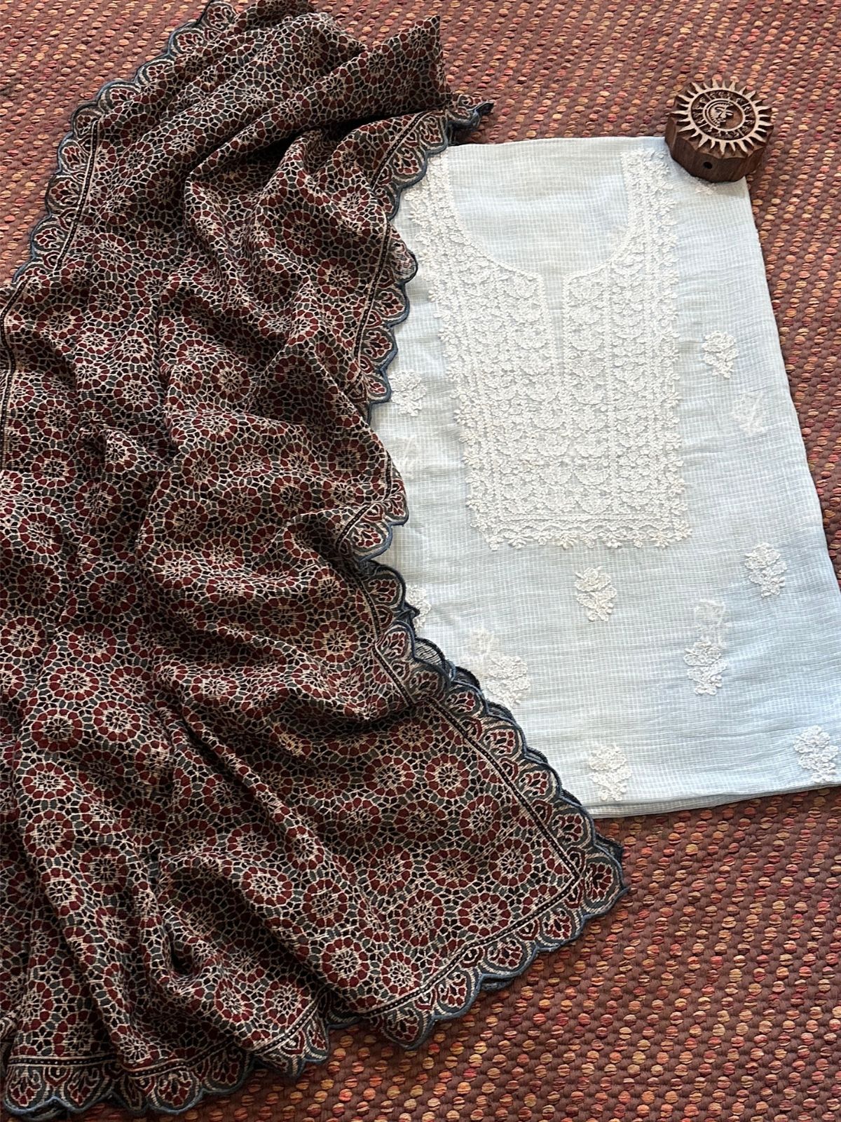 Chikankari Hand Embroidered Fabric with Ajrak Hadblocked Kota Dupatta