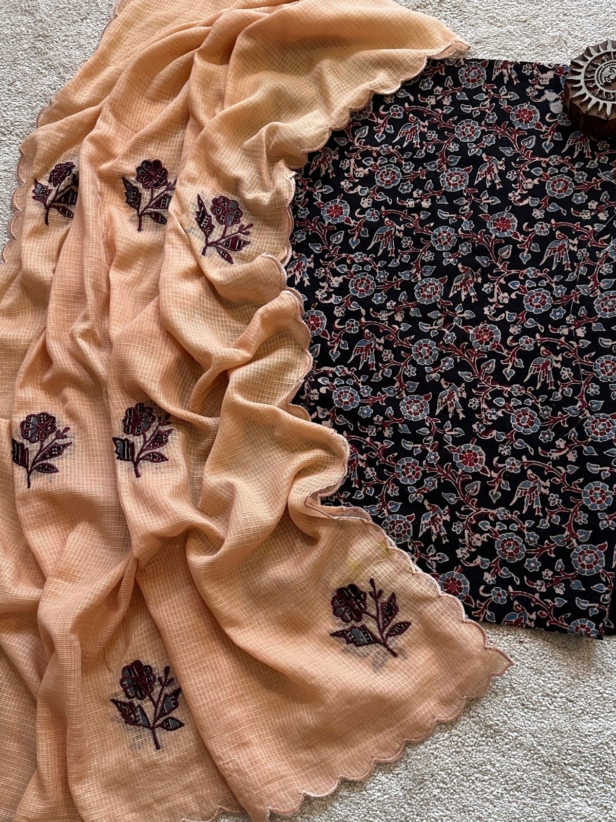 Bagh Set- Ajrak Fabric with Applique Embroidered Dupatta
