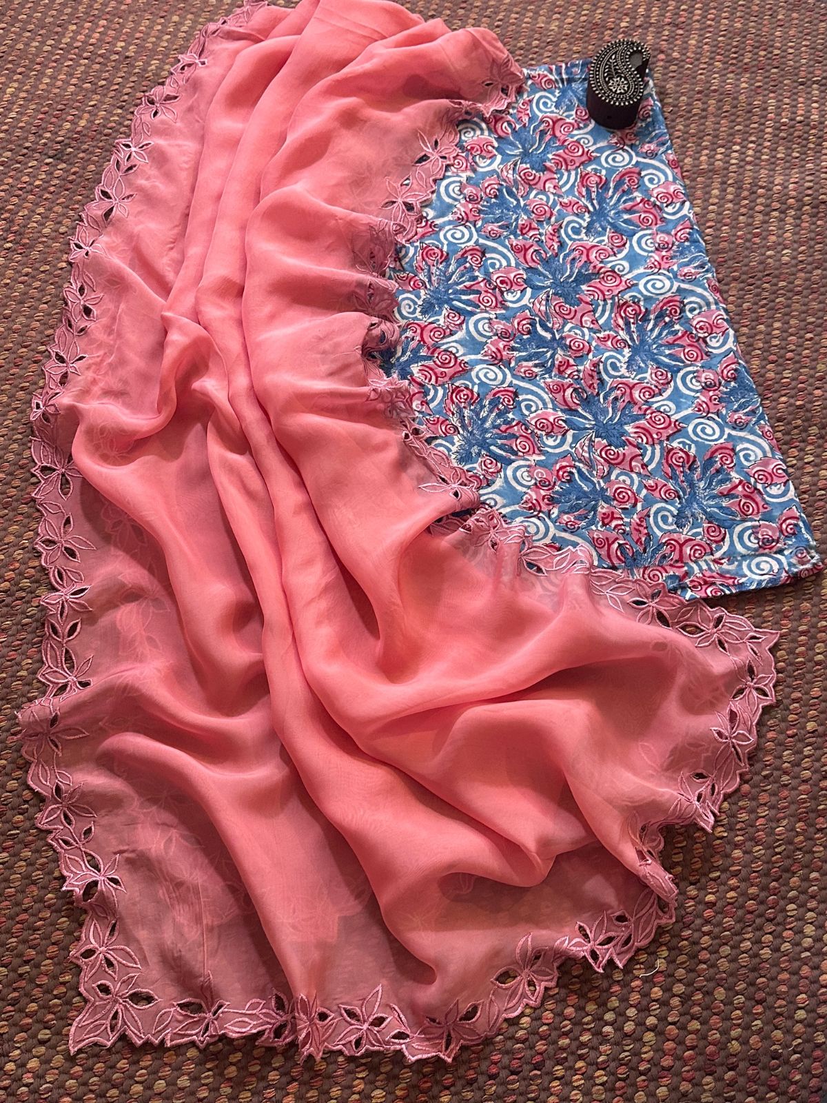 Pure Cotton Handblocked Fabric with Exclusive Cutwork Organza Dupatta