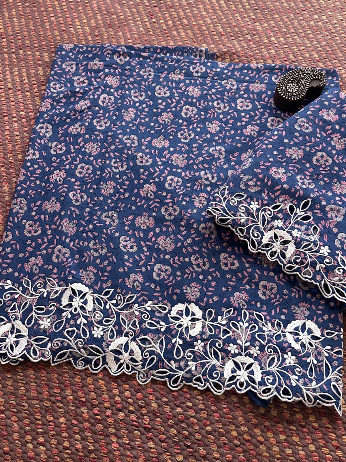 Pure Cotton Indigo Handblocked Coord Set with Cutwork embroidery