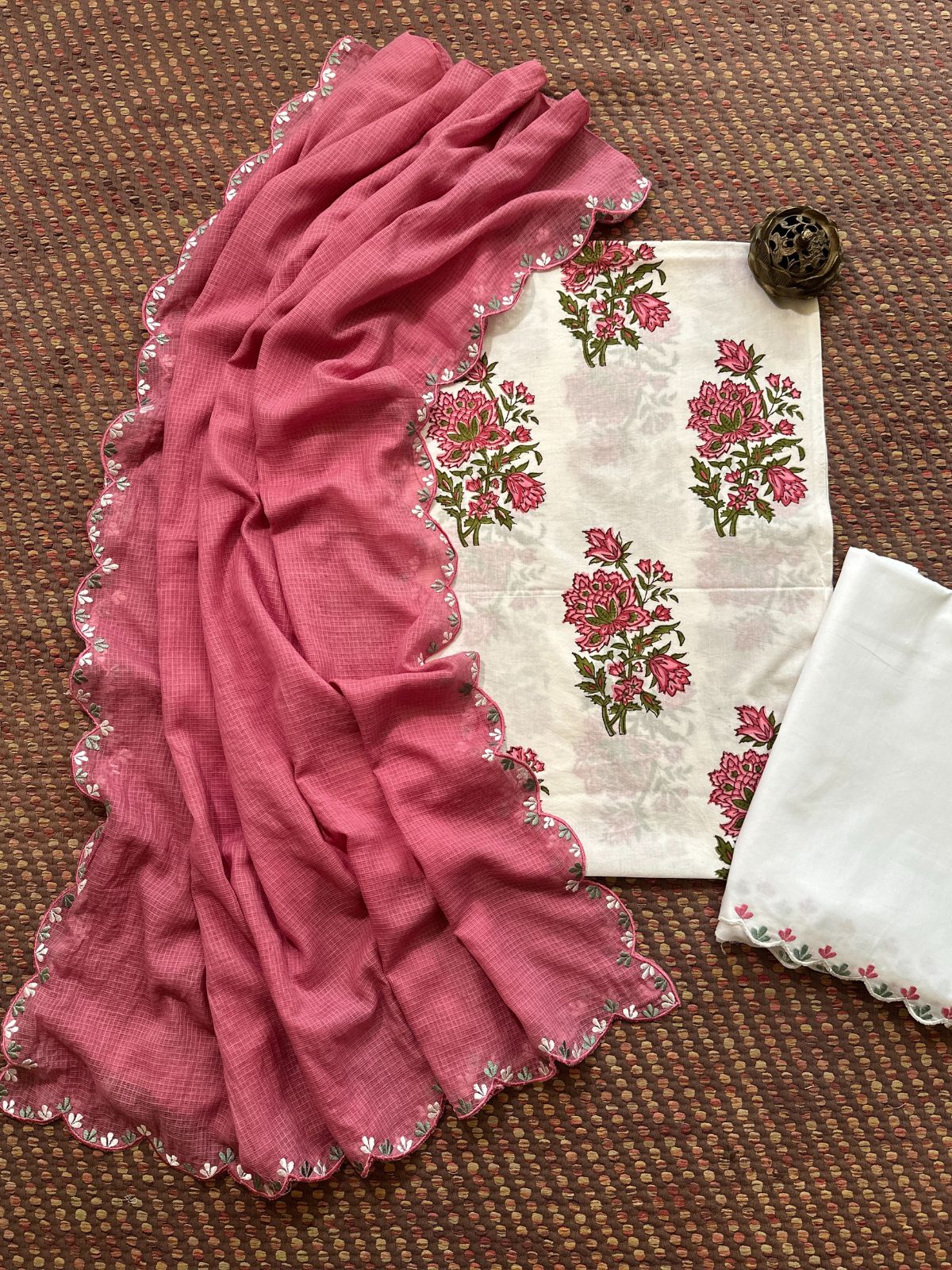 Pure Cotton Hand blocked Set with Embroidered Dupatta
