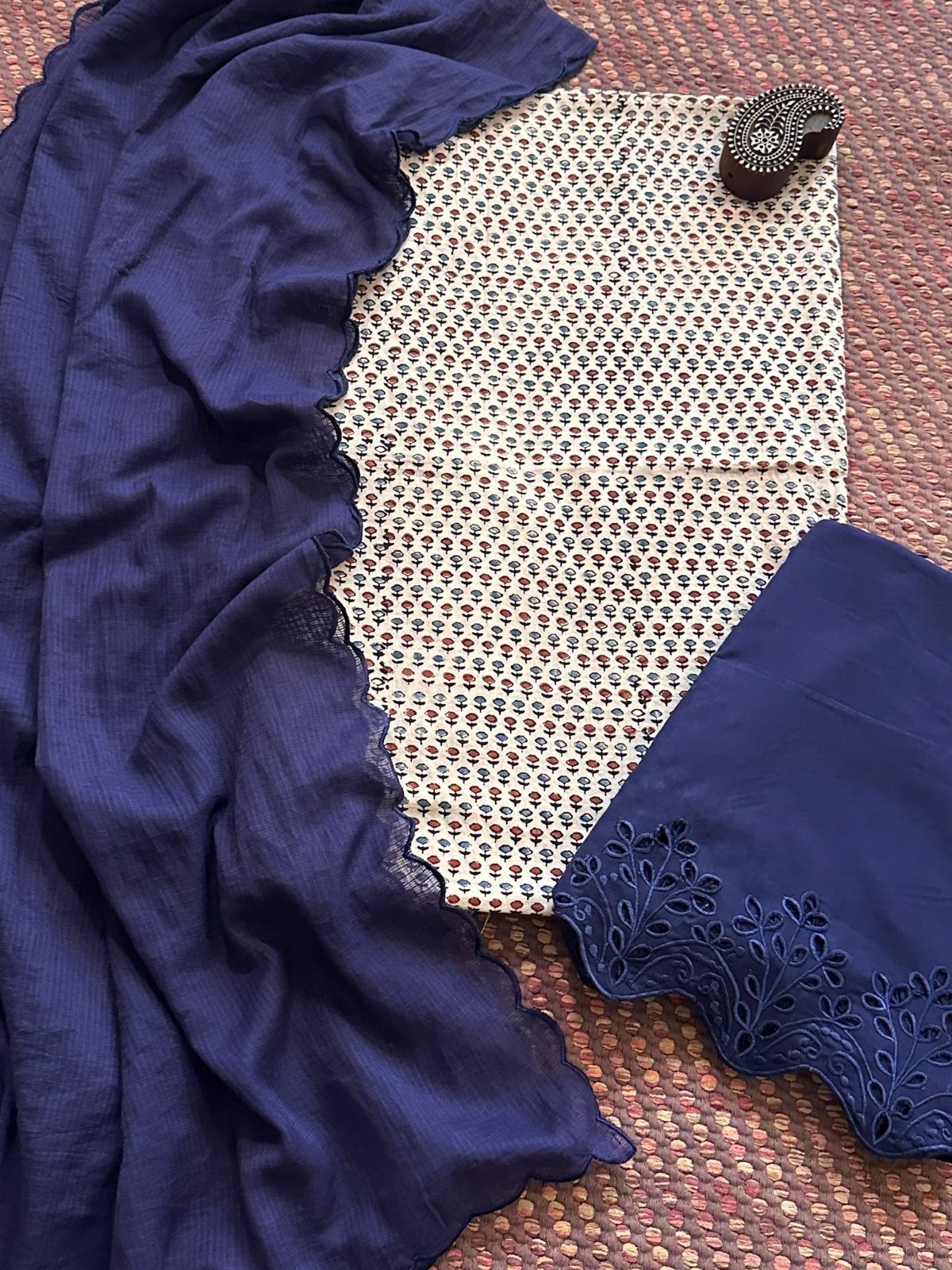 Pure Cotton Malmal  Ajrakh Fabric with Exclusive Cutwork Bottom & Kota Doria Dupatta