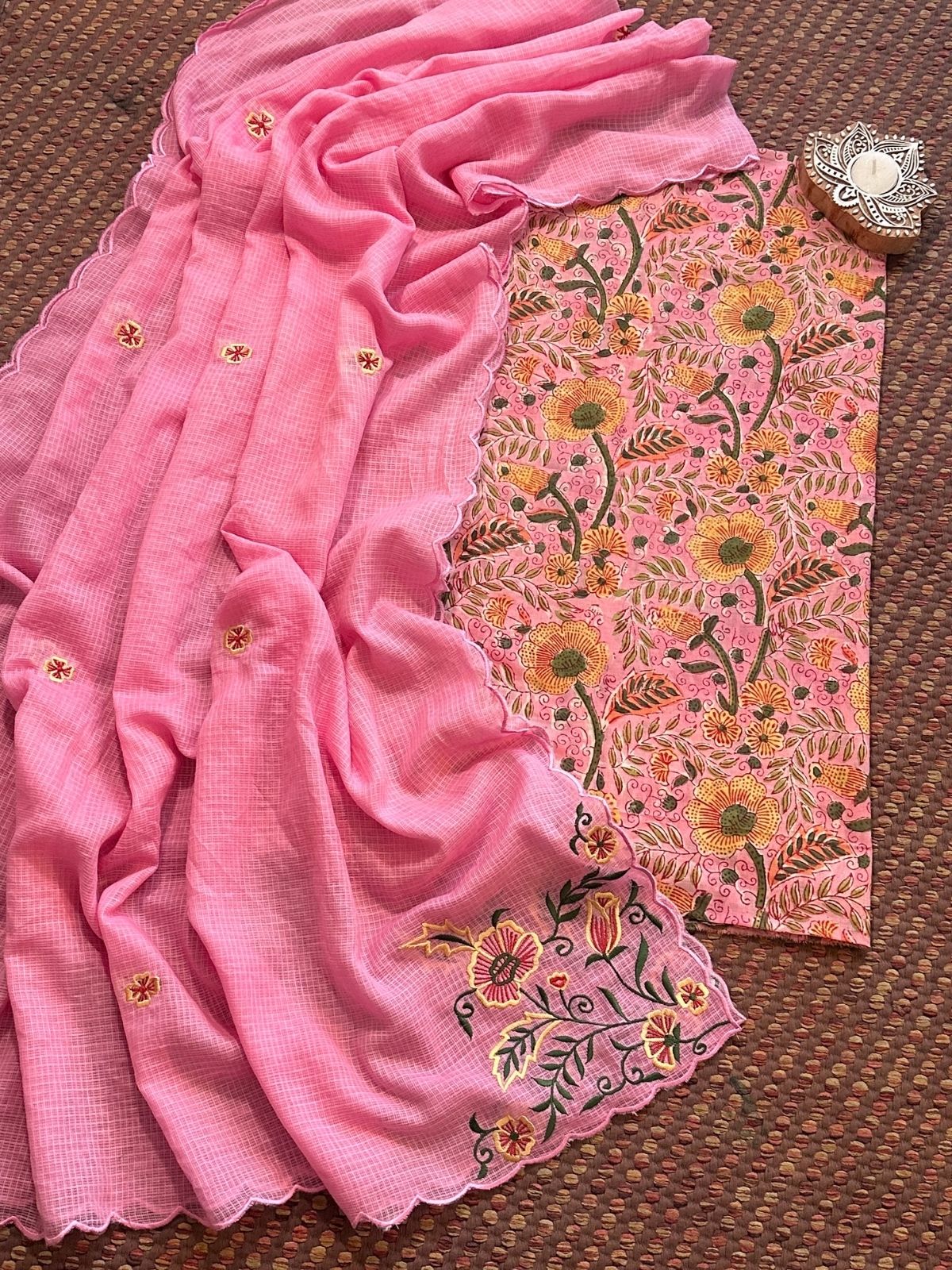 Pure Cotton Malmal Handblock Fabric with Embroidered Dupatta.