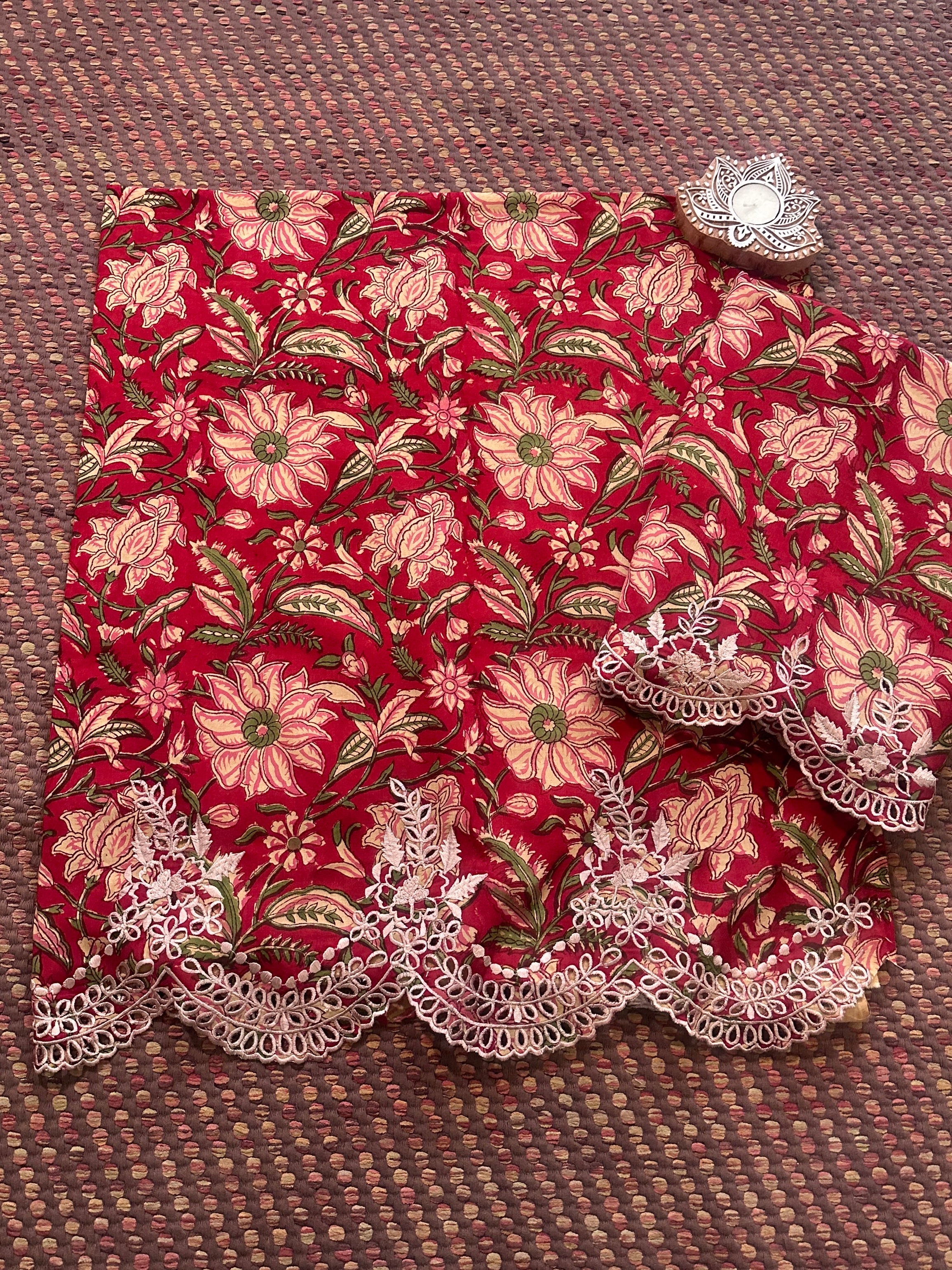 Cutwork Pure Cotton Hand-blocked Coord Set