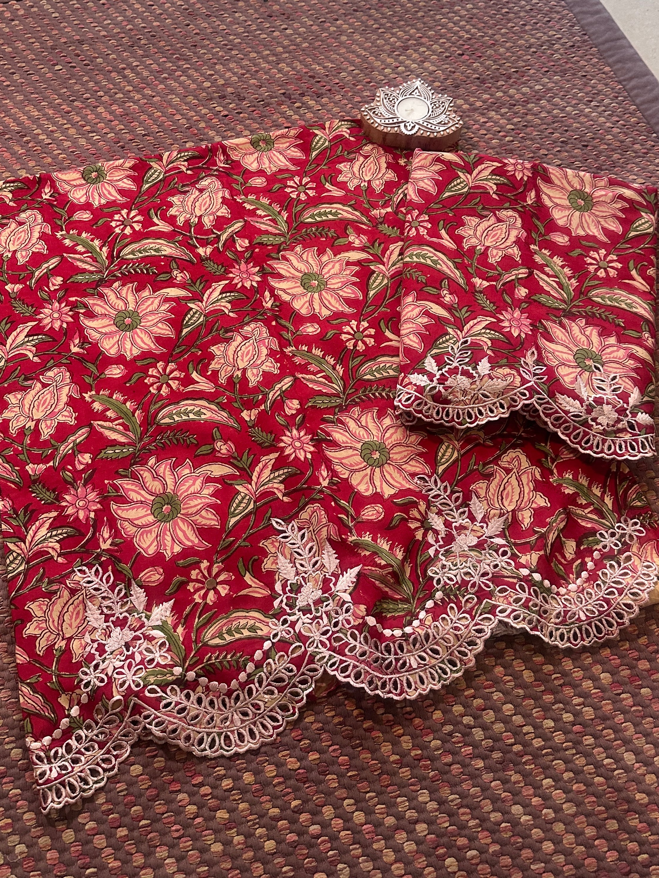 Cutwork Pure Cotton Hand-blocked Coord Set