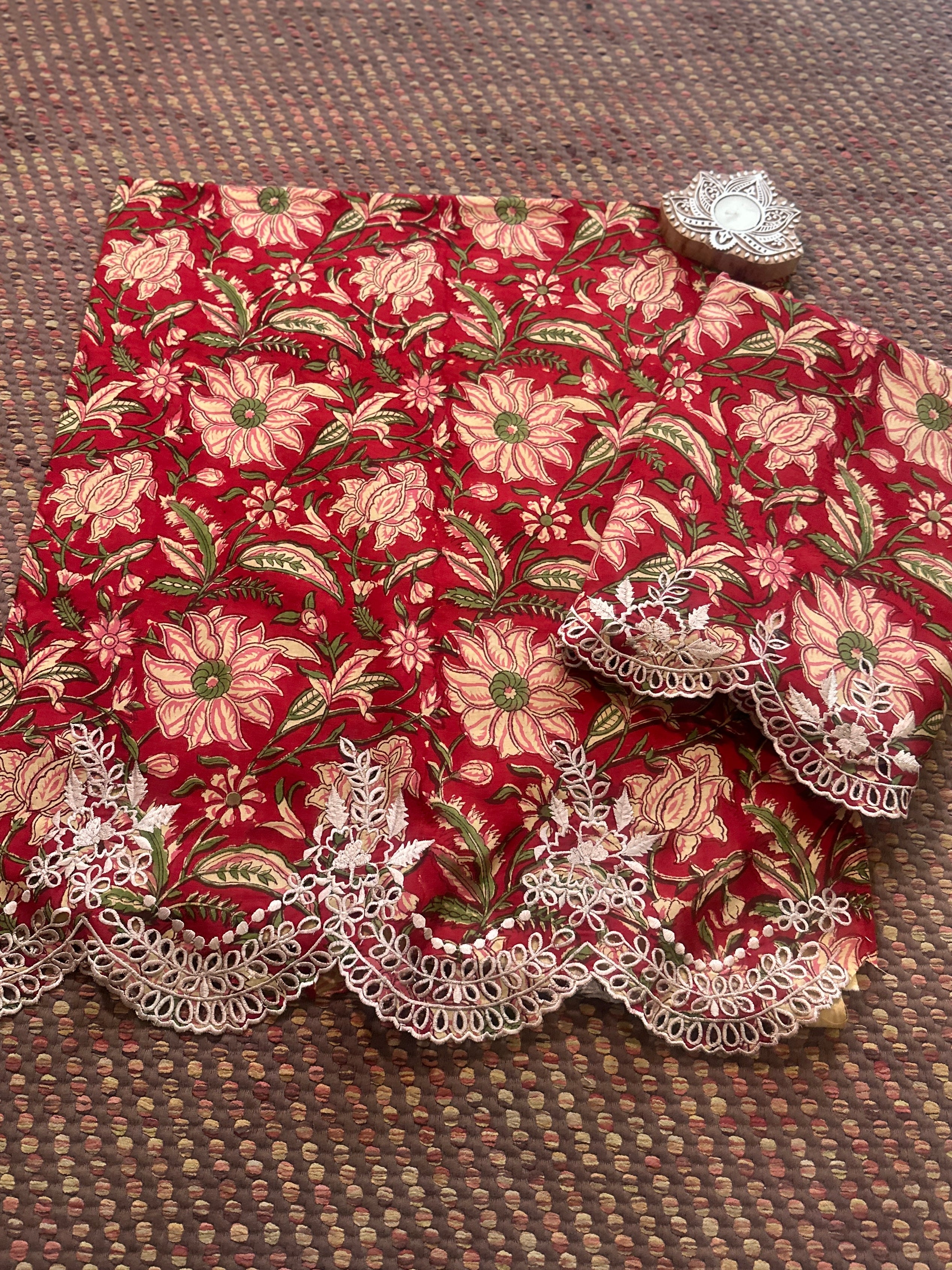 Cutwork Pure Cotton Hand-blocked Coord Set