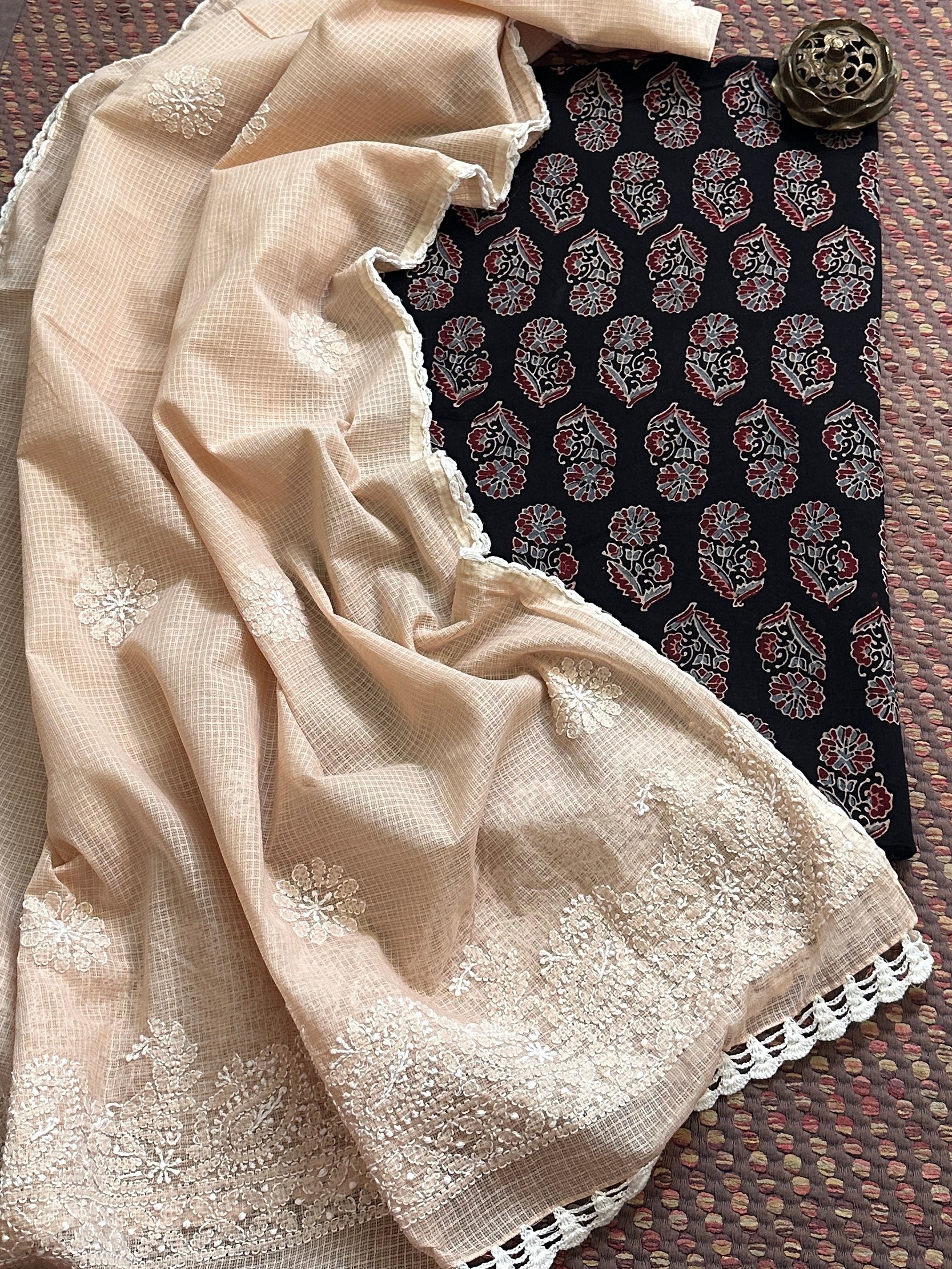 Cotton Malmal Ajrak Fabric with Kota Chikankari Dupatta