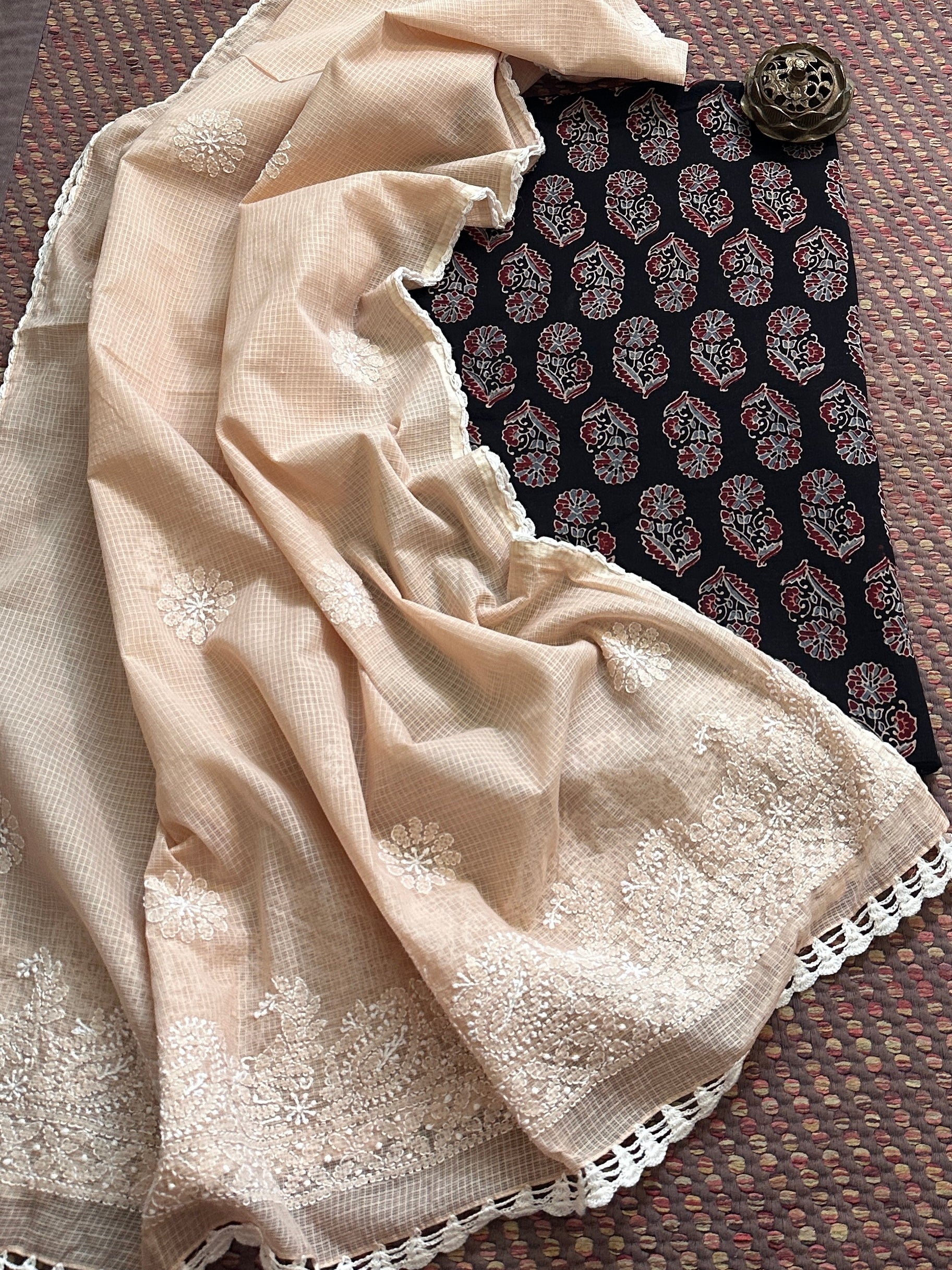Cotton Malmal Ajrak Fabric with Kota Chikankari Dupatta