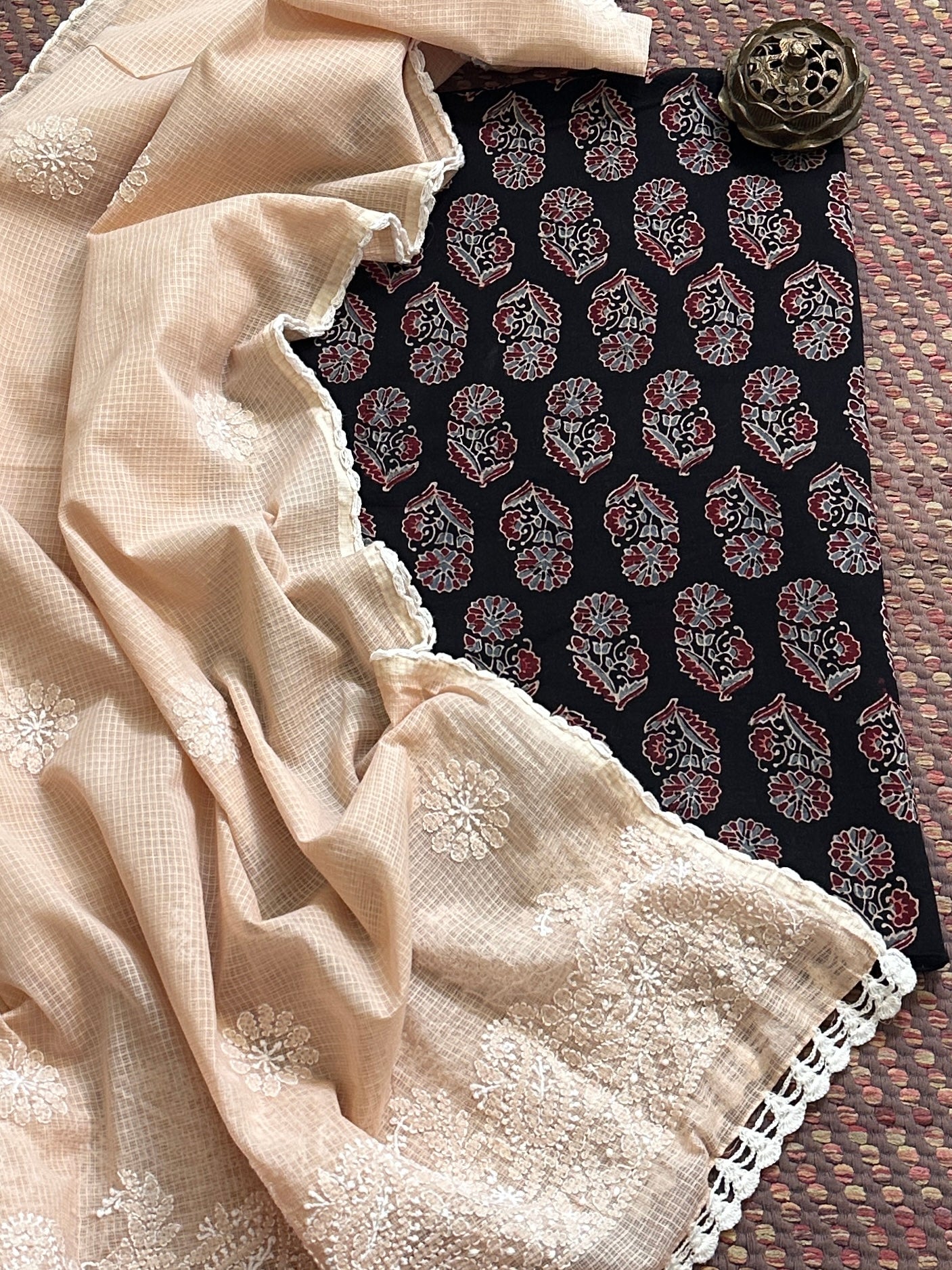 Cotton Malmal Ajrak Fabric with Kota Chikankari Dupatta