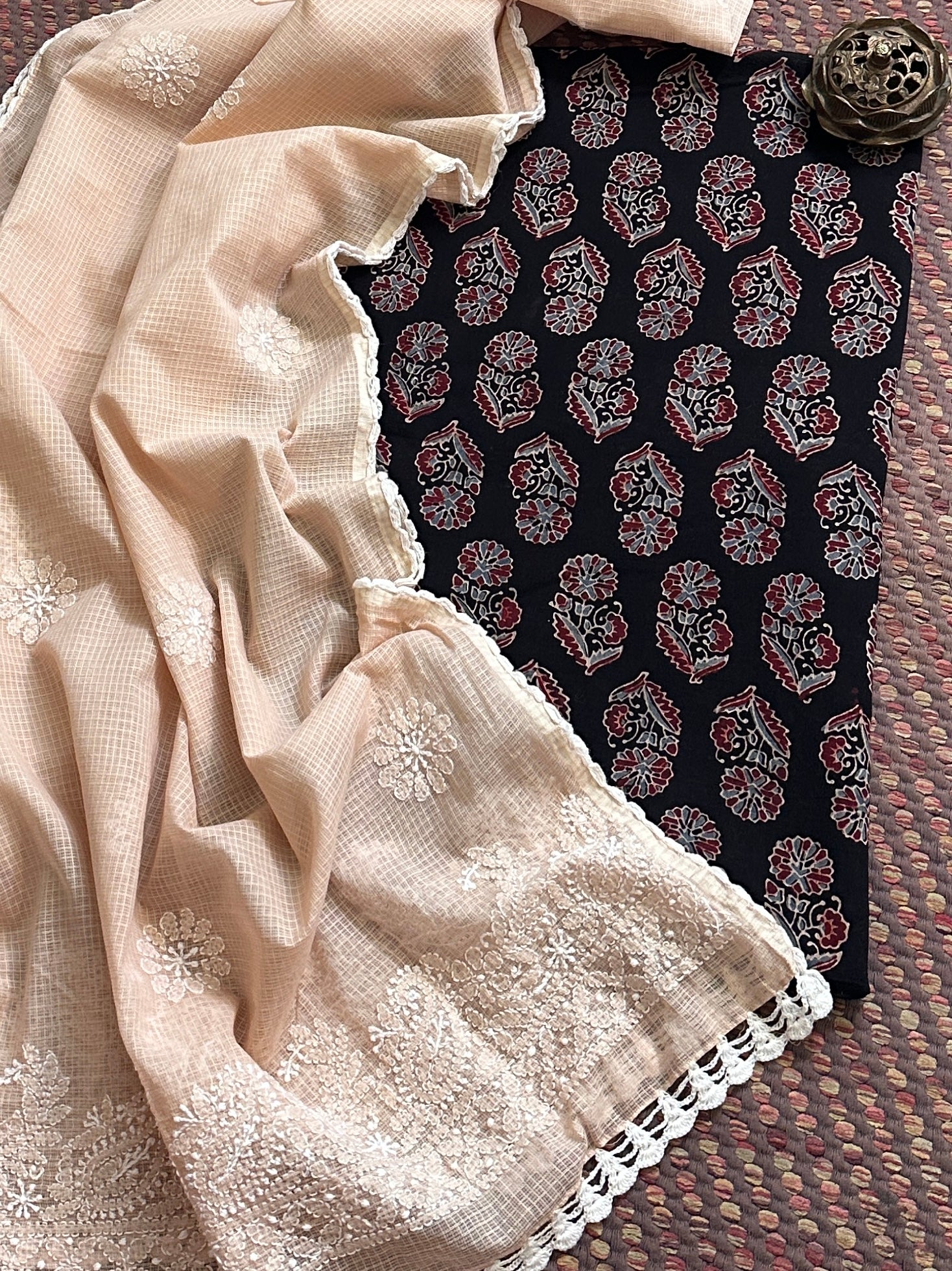 Cotton Malmal Ajrak Fabric with Kota Chikankari Dupatta