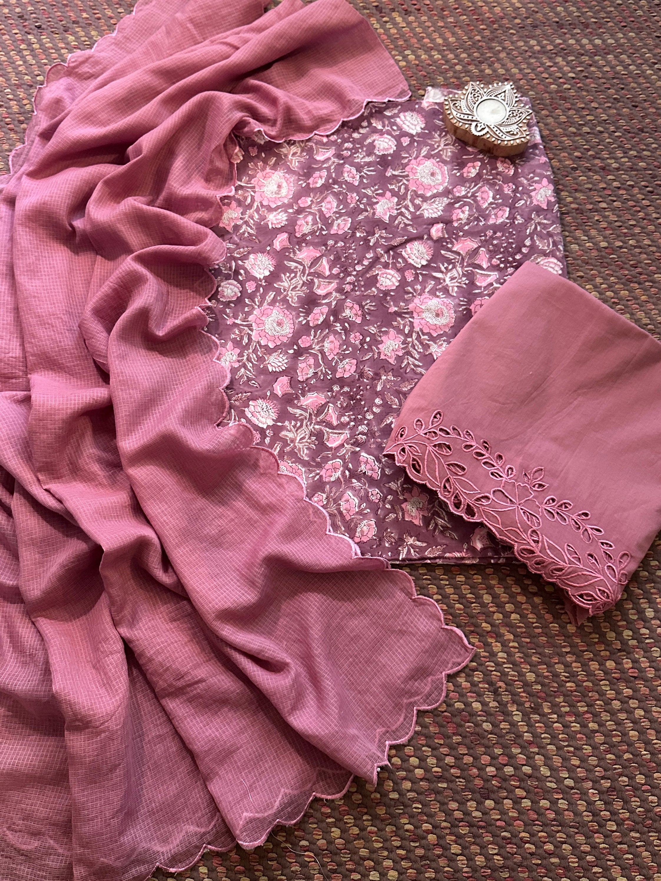 Pure Cotton Hand-blocked Fabric with Cutwork Bottom & Kota Doria Dupatta