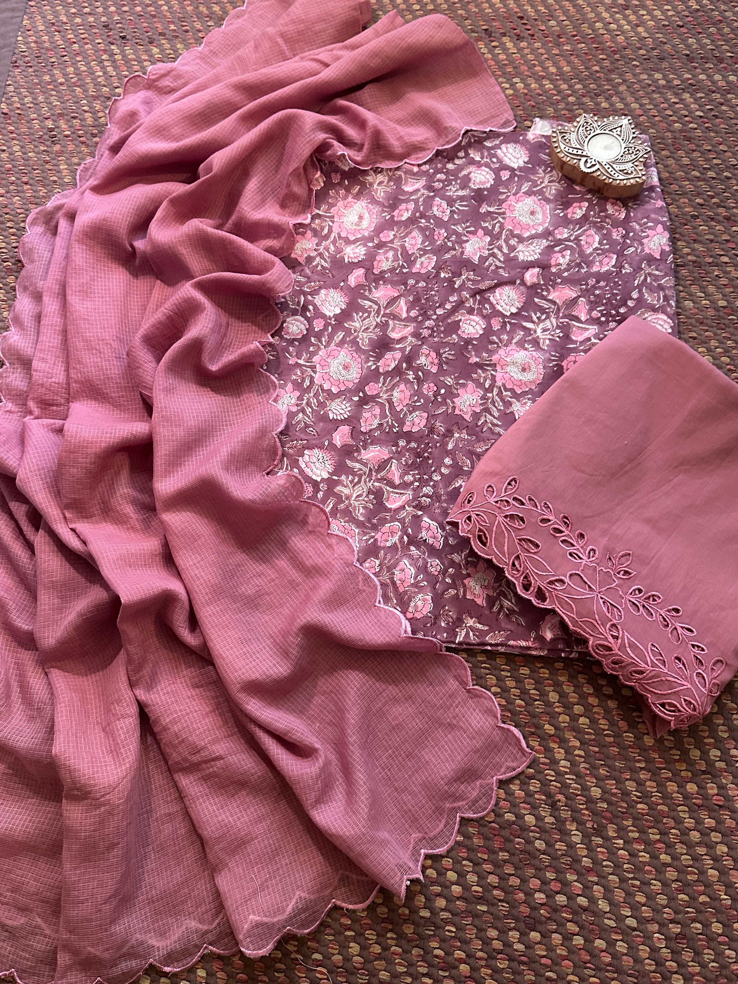 Pure Cotton Hand-blocked Fabric with Cutwork Bottom & Kota Doria Dupatta