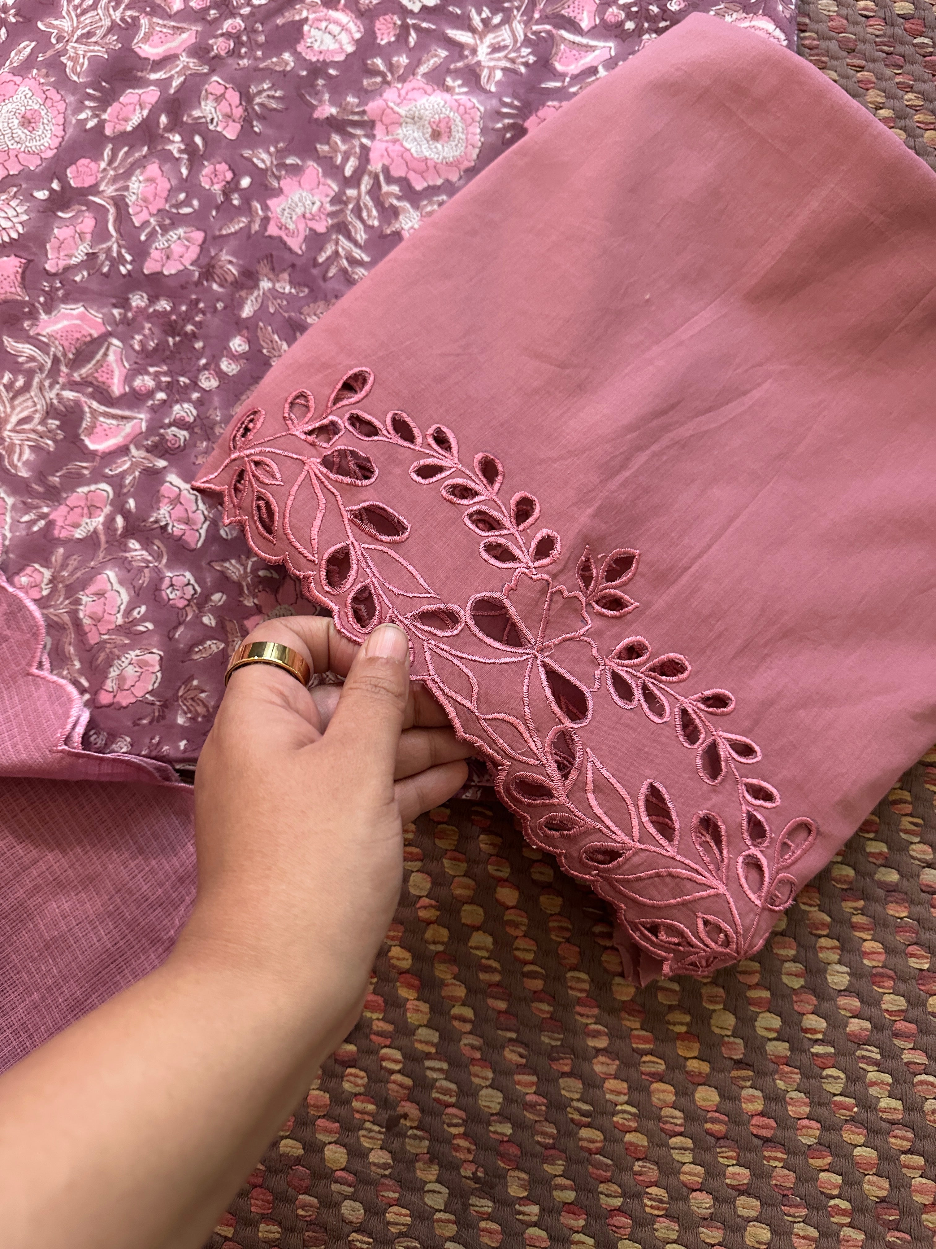 Pure Cotton Hand-blocked Fabric with Cutwork Bottom & Kota Doria Dupatta