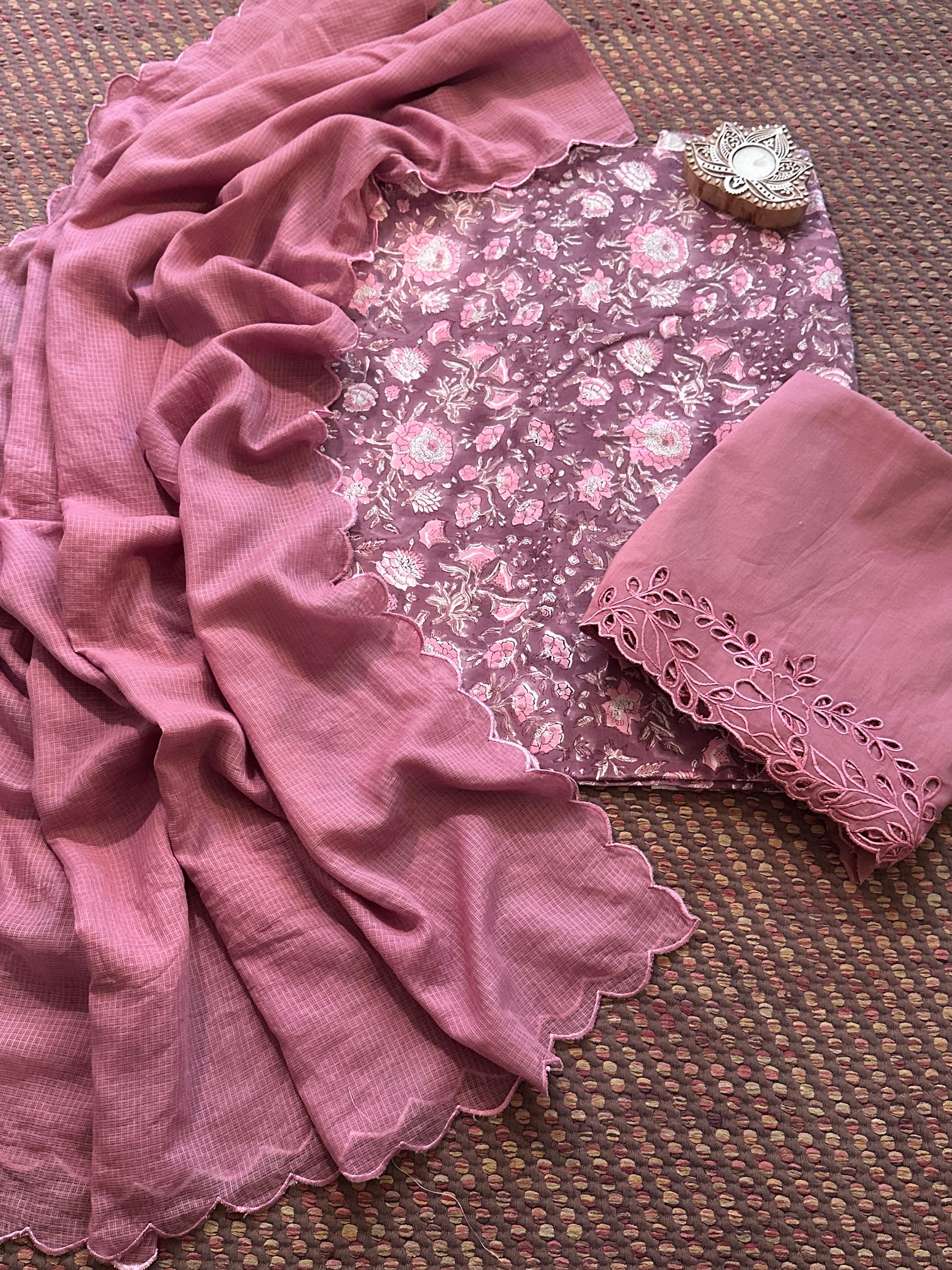 Pure Cotton Hand-blocked Fabric with Cutwork Bottom & Kota Doria Dupatta