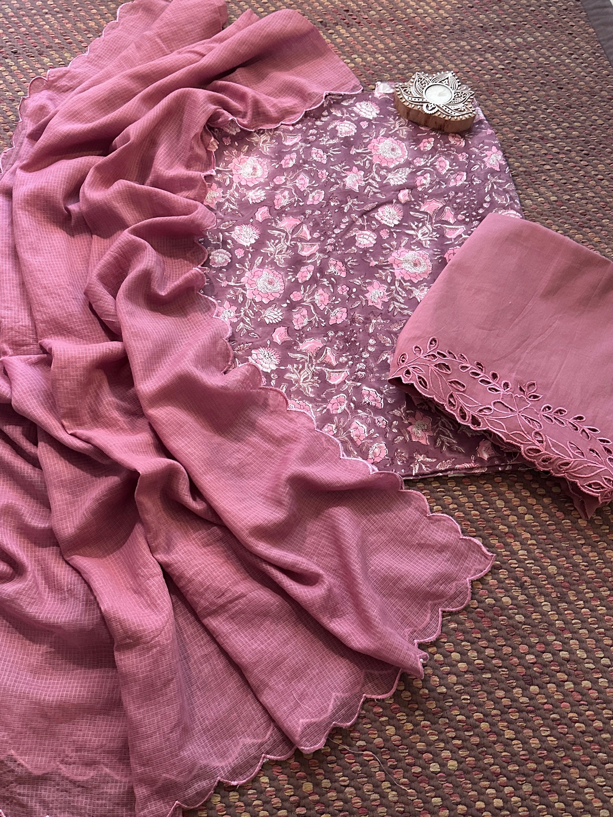 Pure Cotton Hand-blocked Fabric with Cutwork Bottom & Kota Doria Dupatta