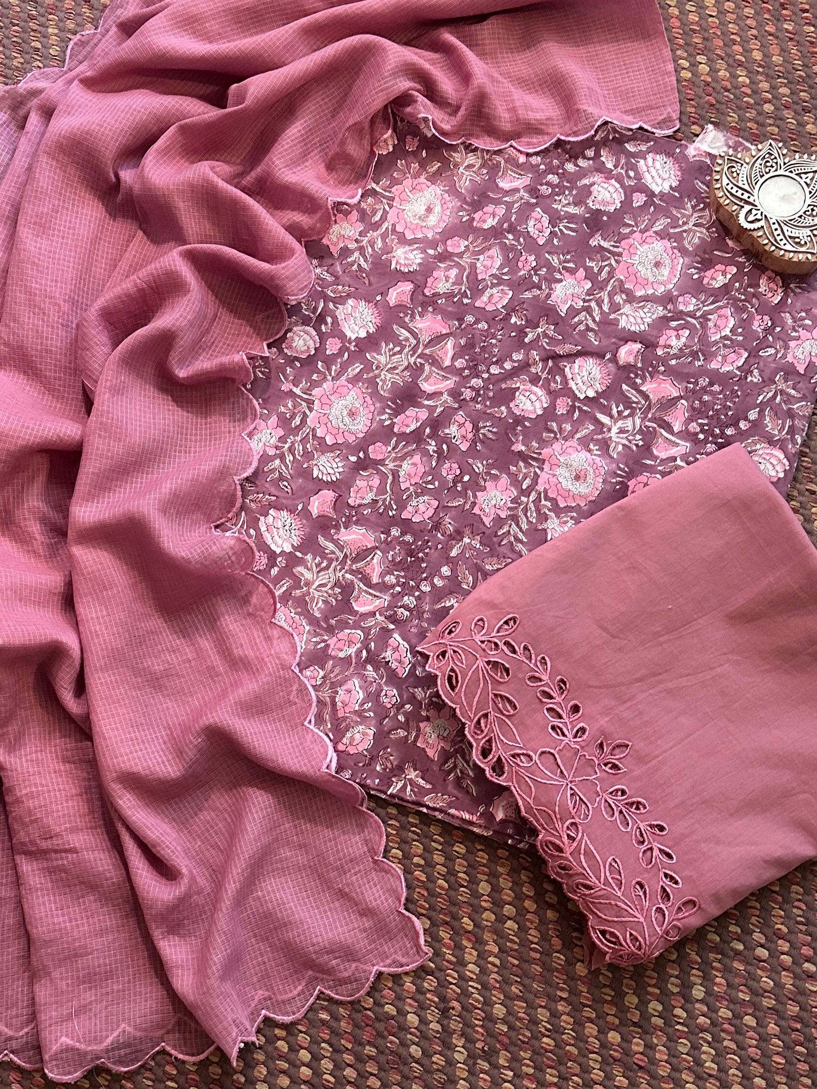 Pure Cotton Hand-blocked Fabric with Cutwork Bottom & Kota Doria Dupatta