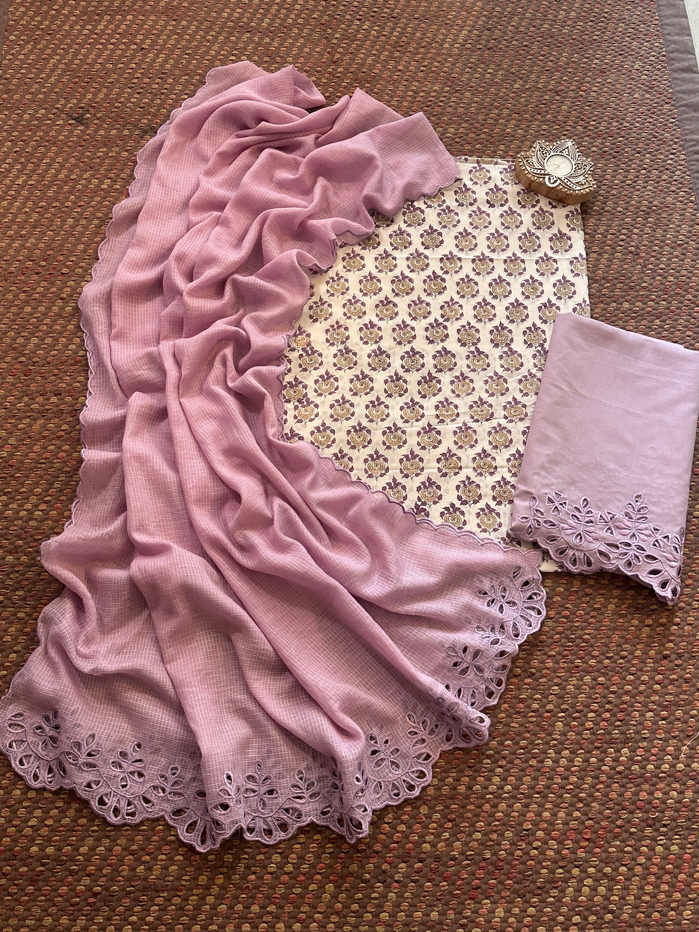 Pure Cotton Hand-blocked Fabric with Cutwork Bottom & Kota Doria Dupatta