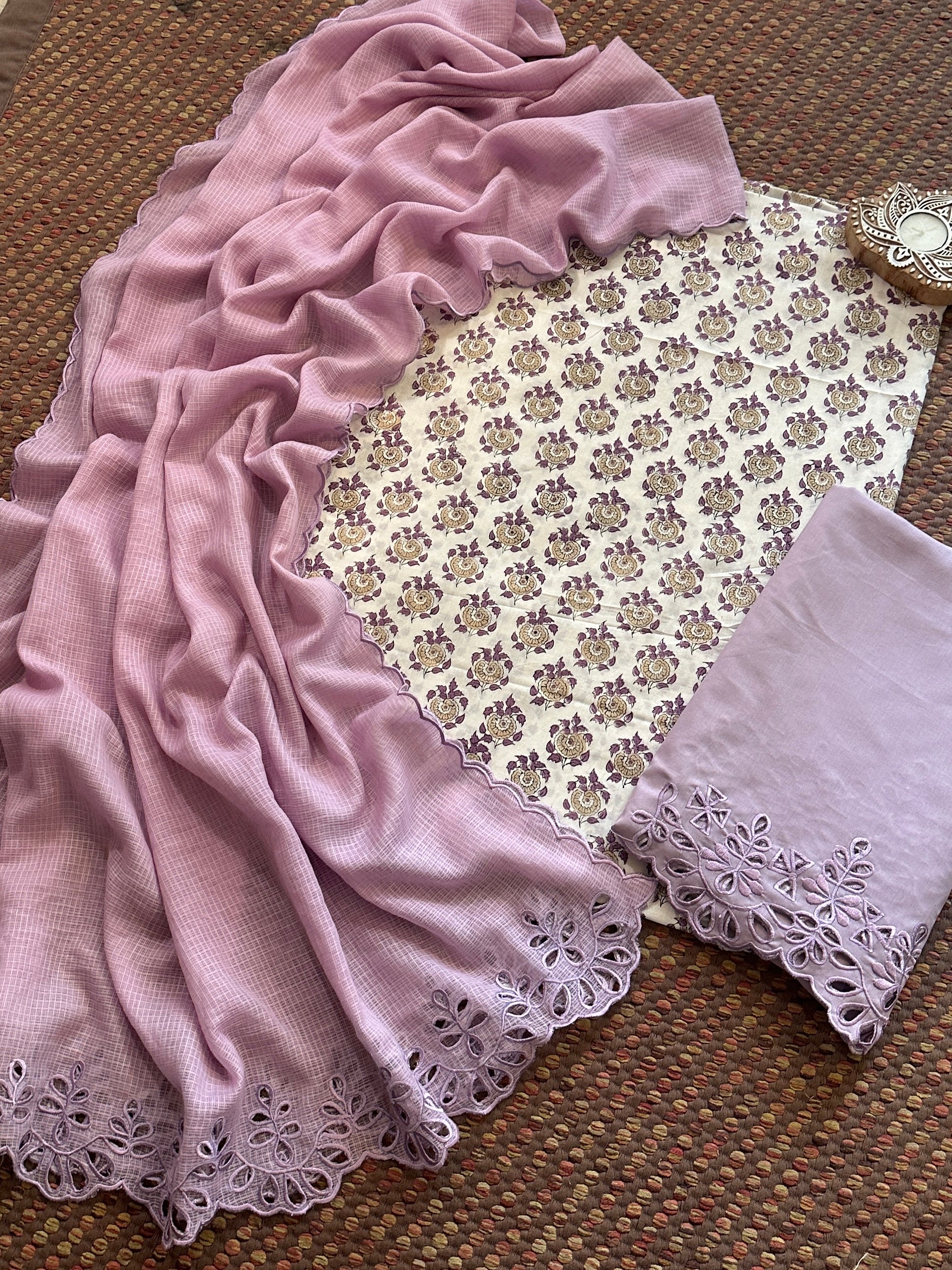 Pure Cotton Hand-blocked Fabric with Cutwork Bottom & Kota Doria Dupatta