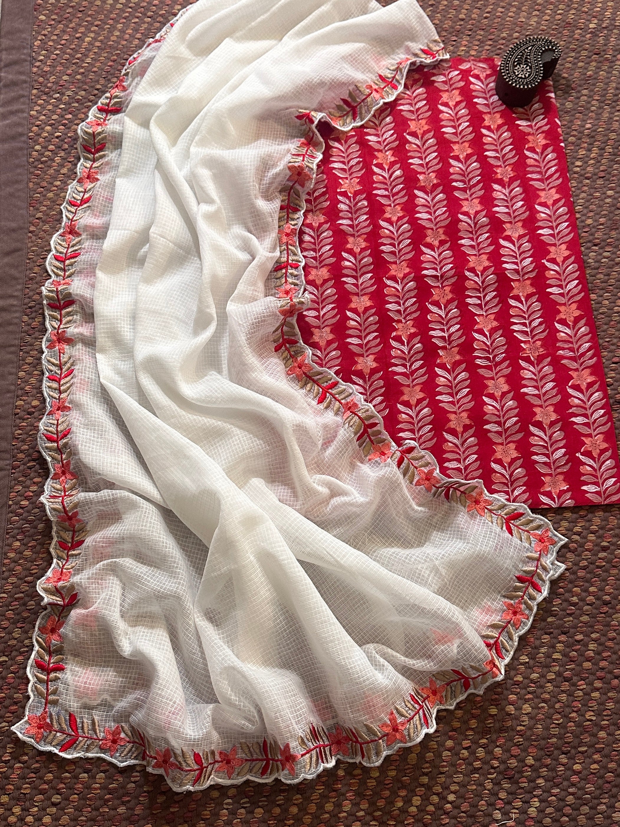 Pure Cotton Hand-blocked fabric with Embroidered Dupatta