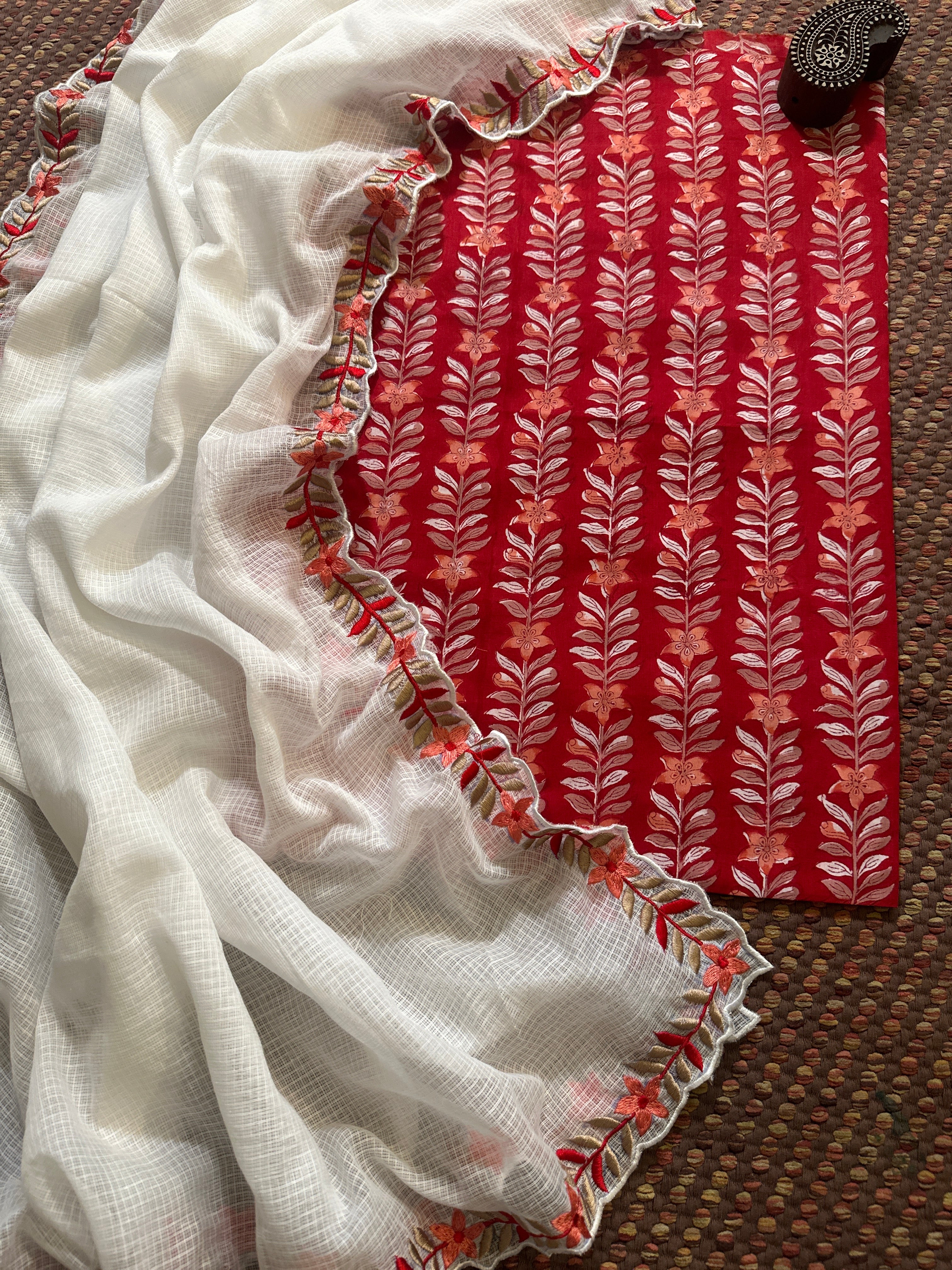 Pure Cotton Hand-blocked fabric with Embroidered Dupatta