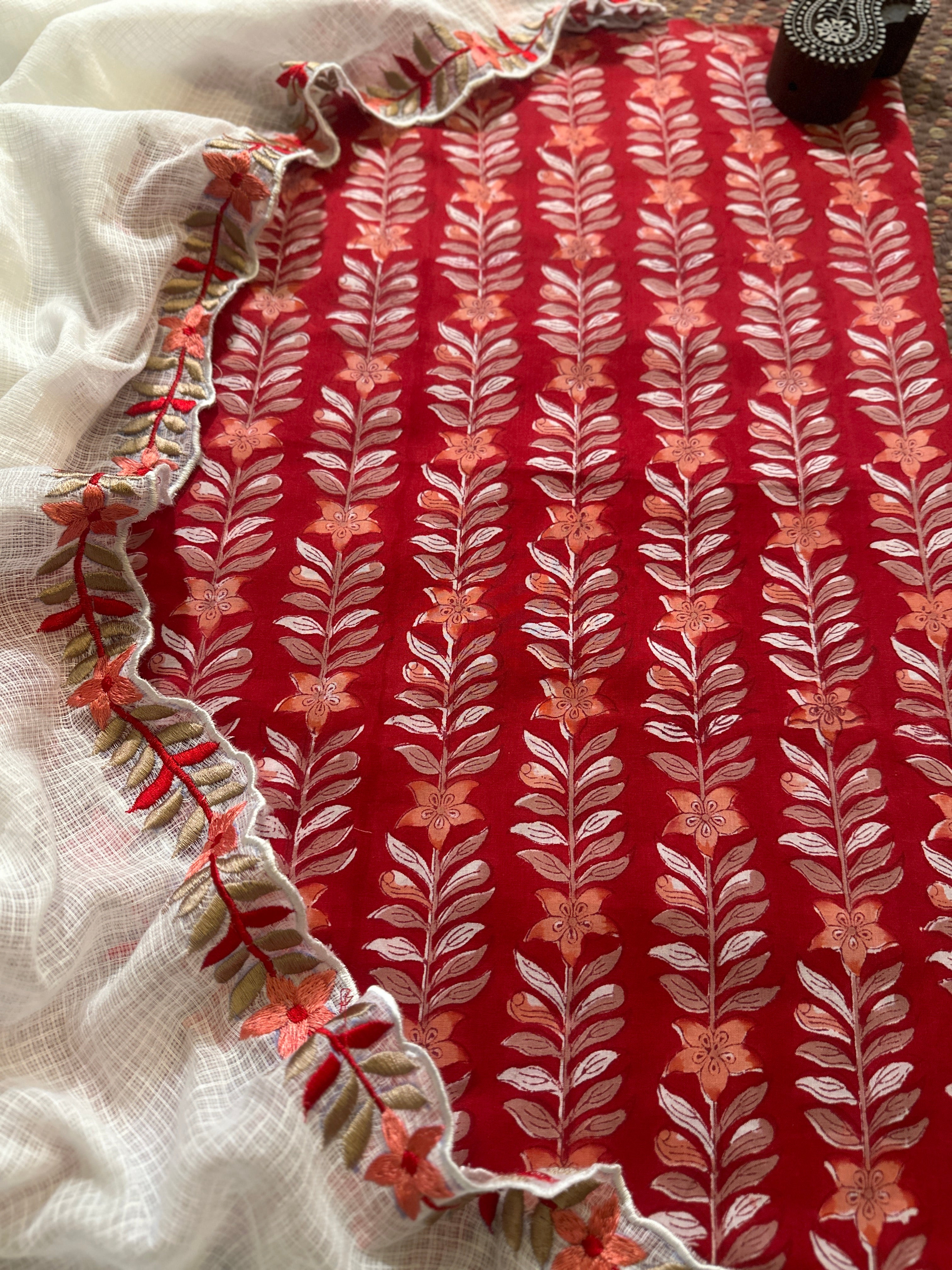 Pure Cotton Hand-blocked fabric with Embroidered Dupatta