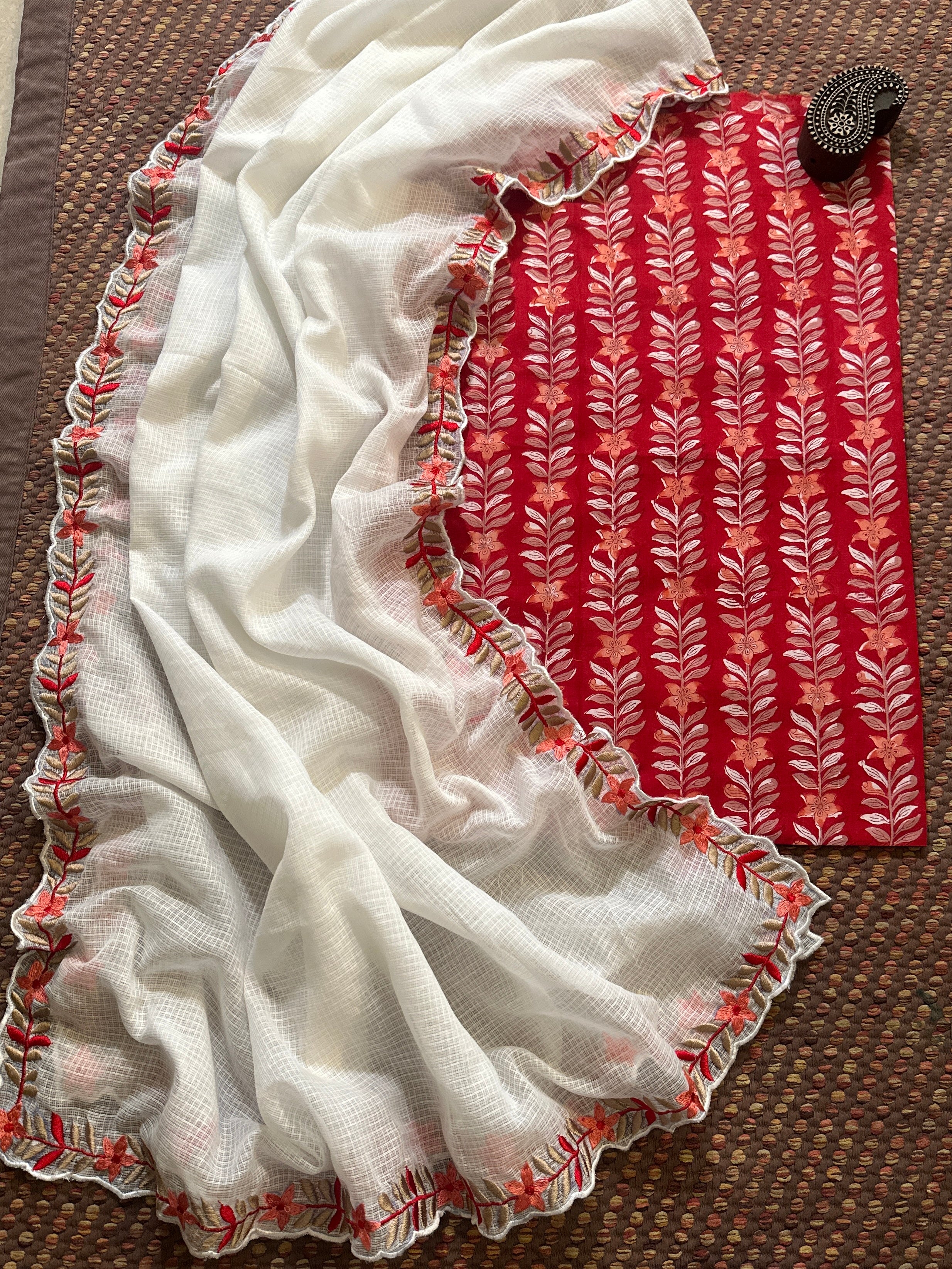 Pure Cotton Hand-blocked fabric with Embroidered Dupatta