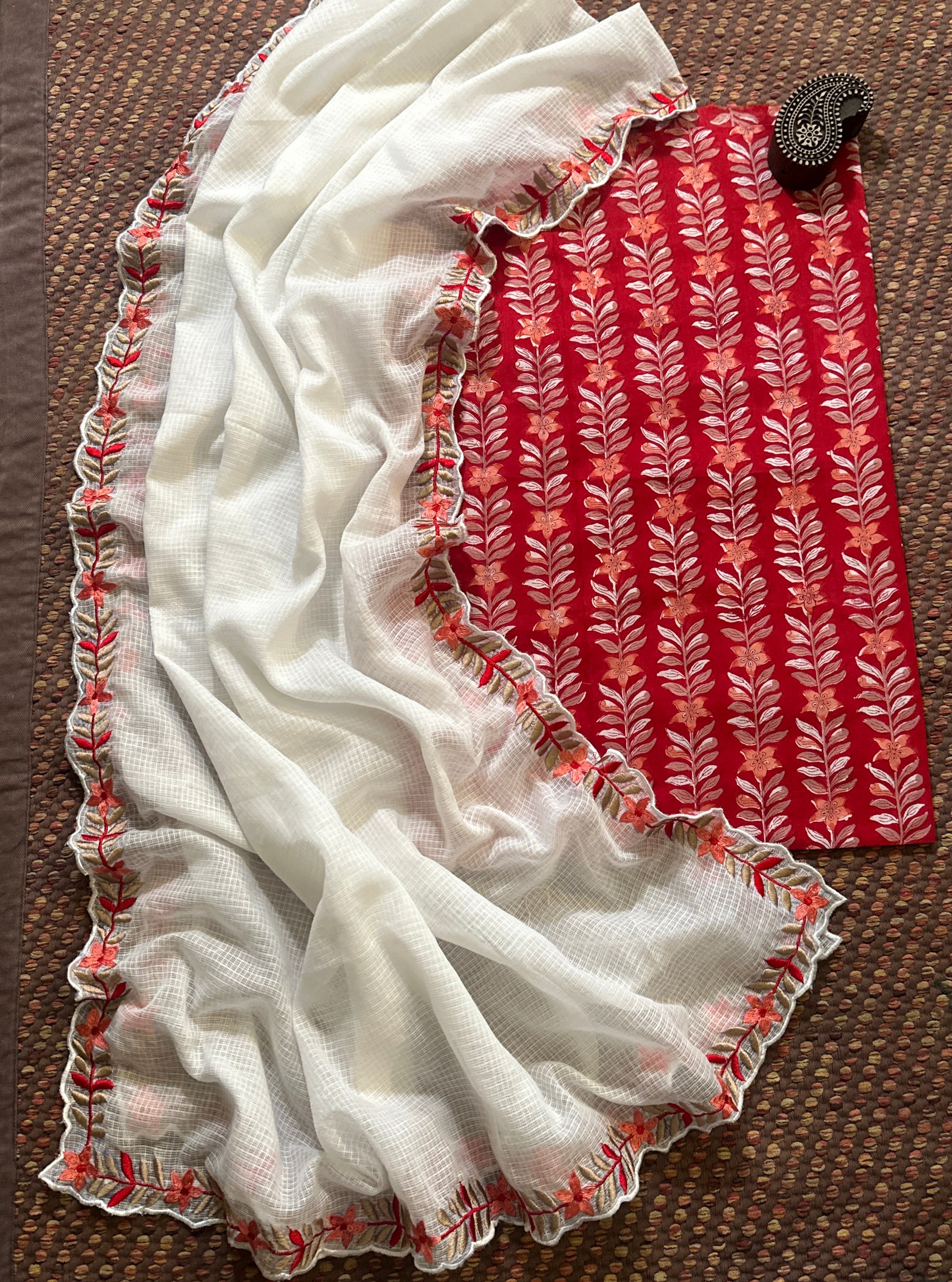 Pure Cotton Hand-blocked fabric with Embroidered Dupatta
