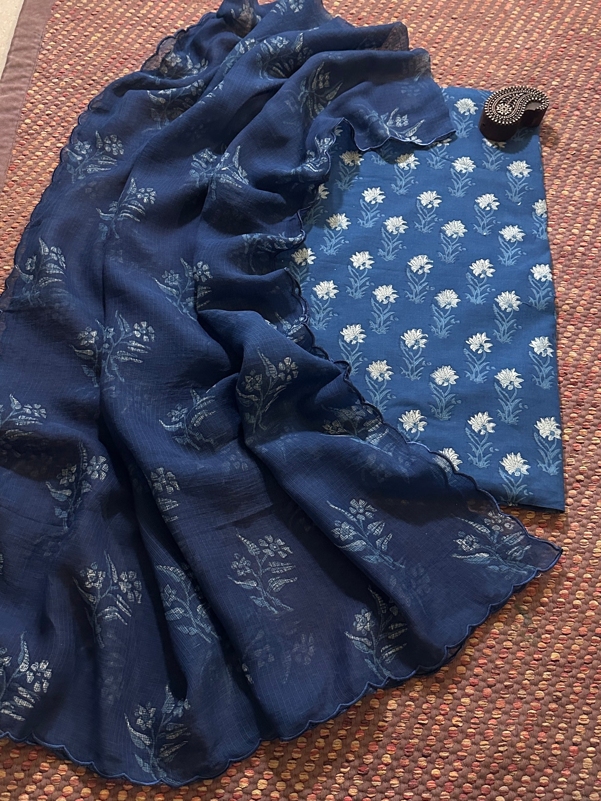 Indigo Pure Cotton Handblocked Fabric with Kota Doria Dupatta Set