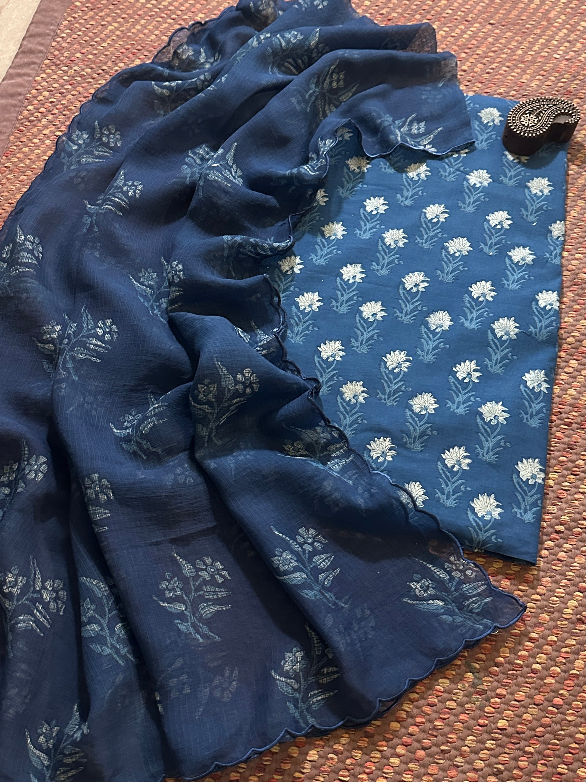 Indigo Pure Cotton Handblocked Fabric with Kota Doria Dupatta Set